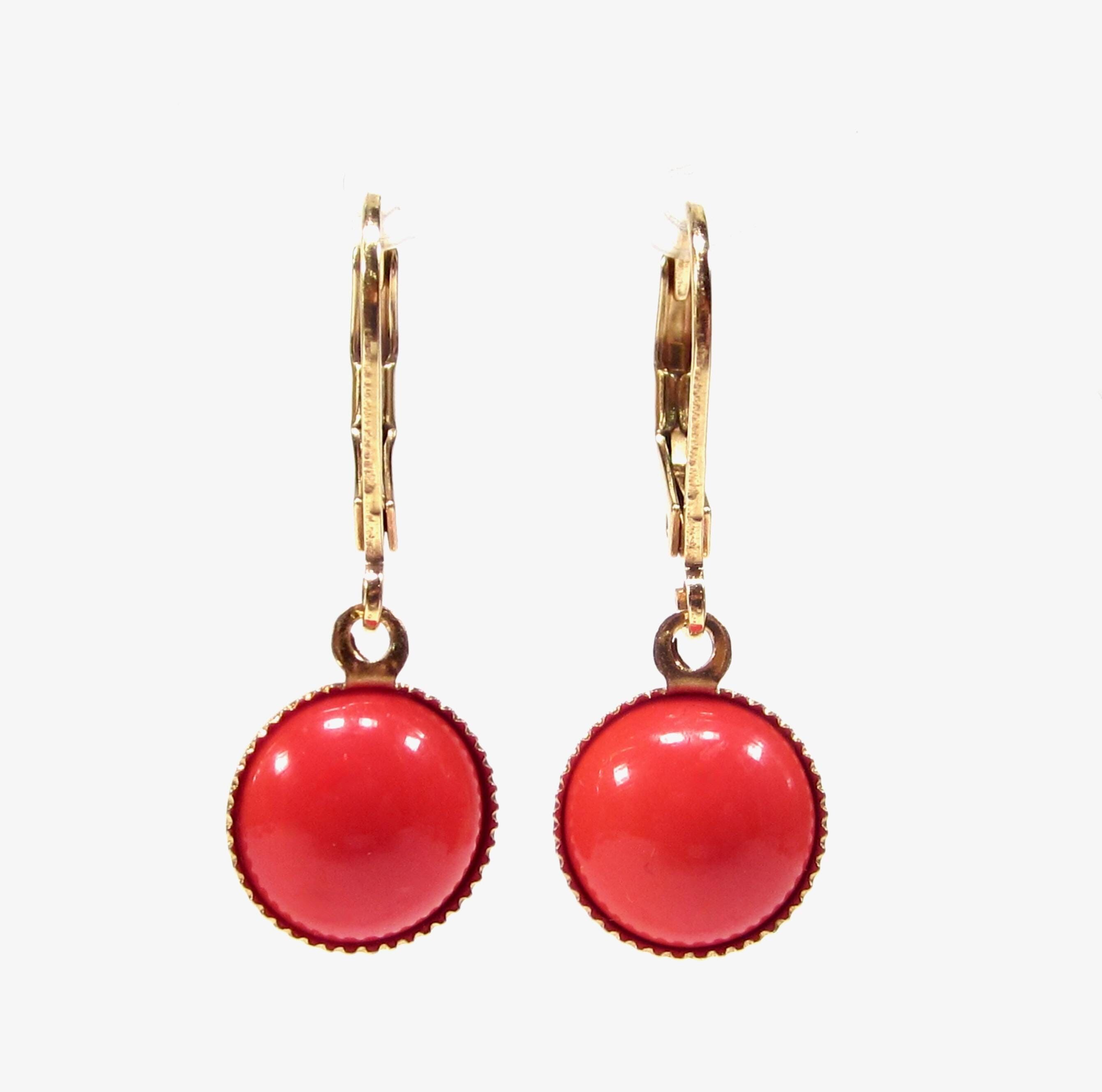 Petites boucles d'oreilles pendantes orange et or, discrètes, style vintage années 1960, pierre en verre, cabochon plaqué or véritable, fabriquées à la main à Cologne