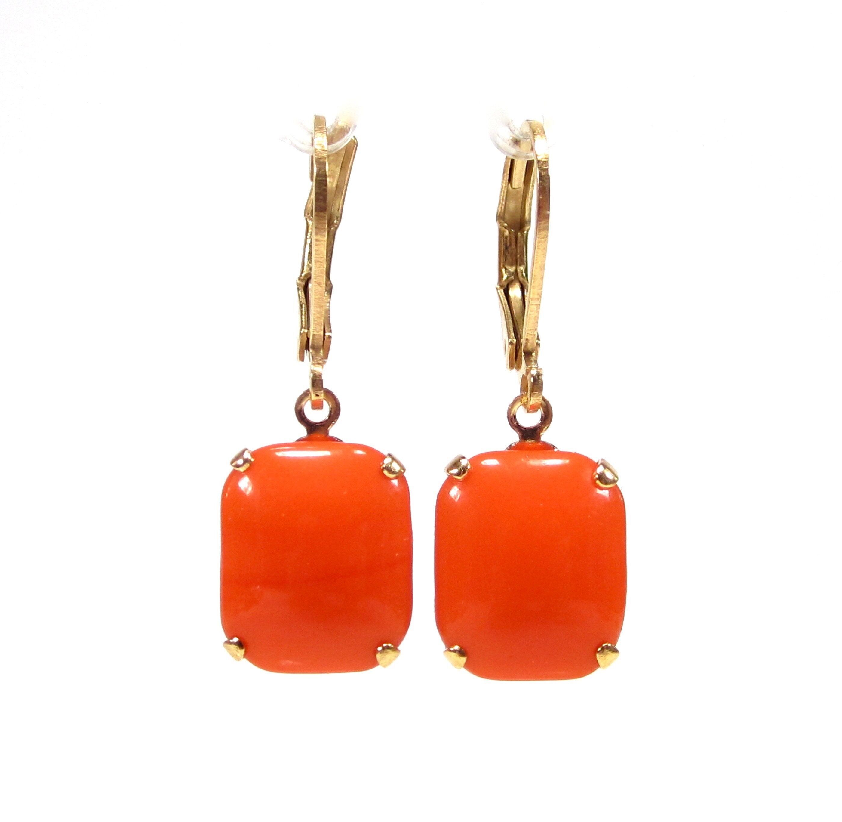 Boucles d'oreilles estivales orange et or, boucles d'oreilles pendantes en verre faites à la main, style vintage années 1960, orange, corail et or, fabriquées à Cologne, en Allemagne