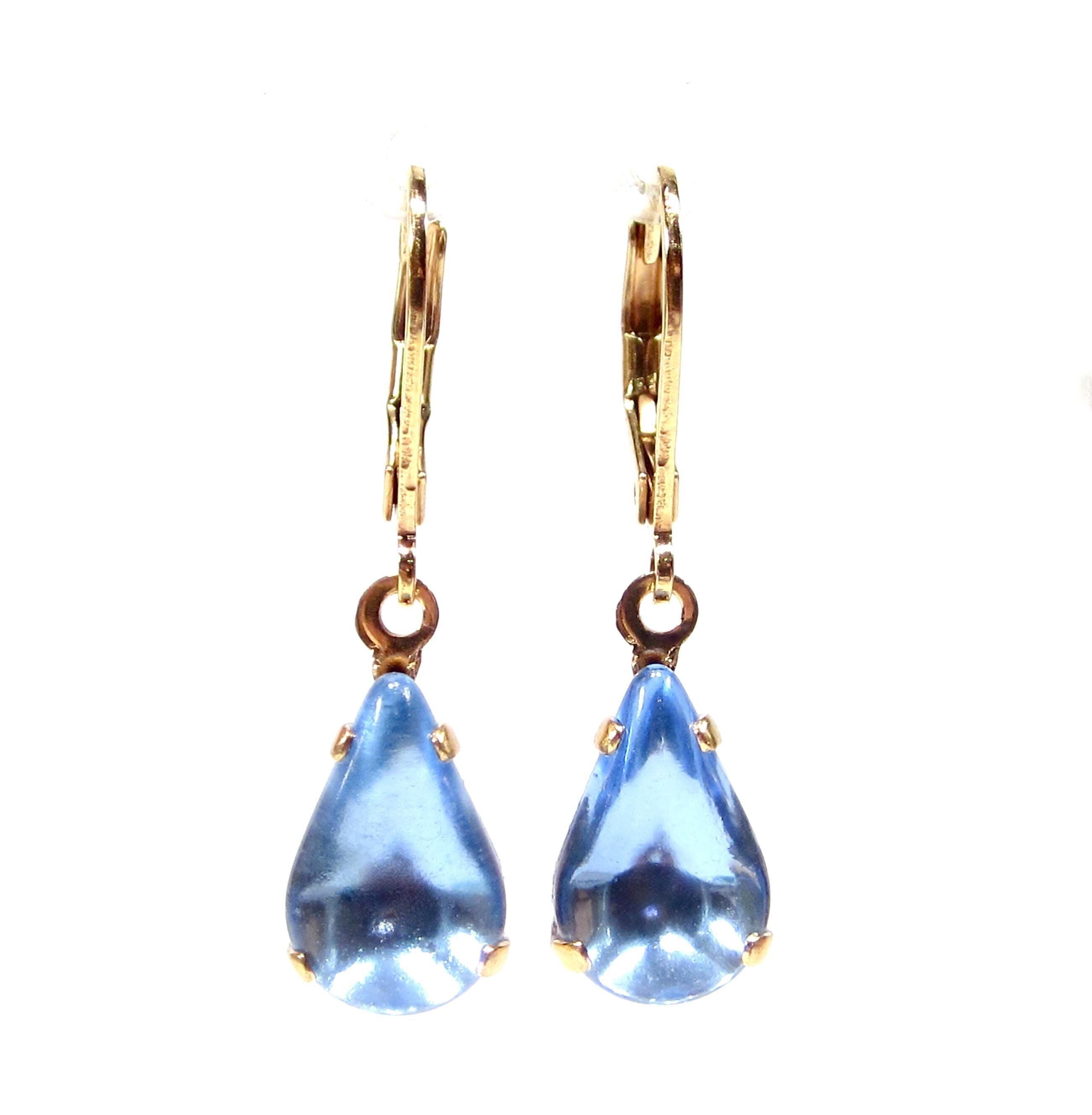 Boucles d'oreilles en or bleu clair, pendantes en verre bleu vintage, années 1960