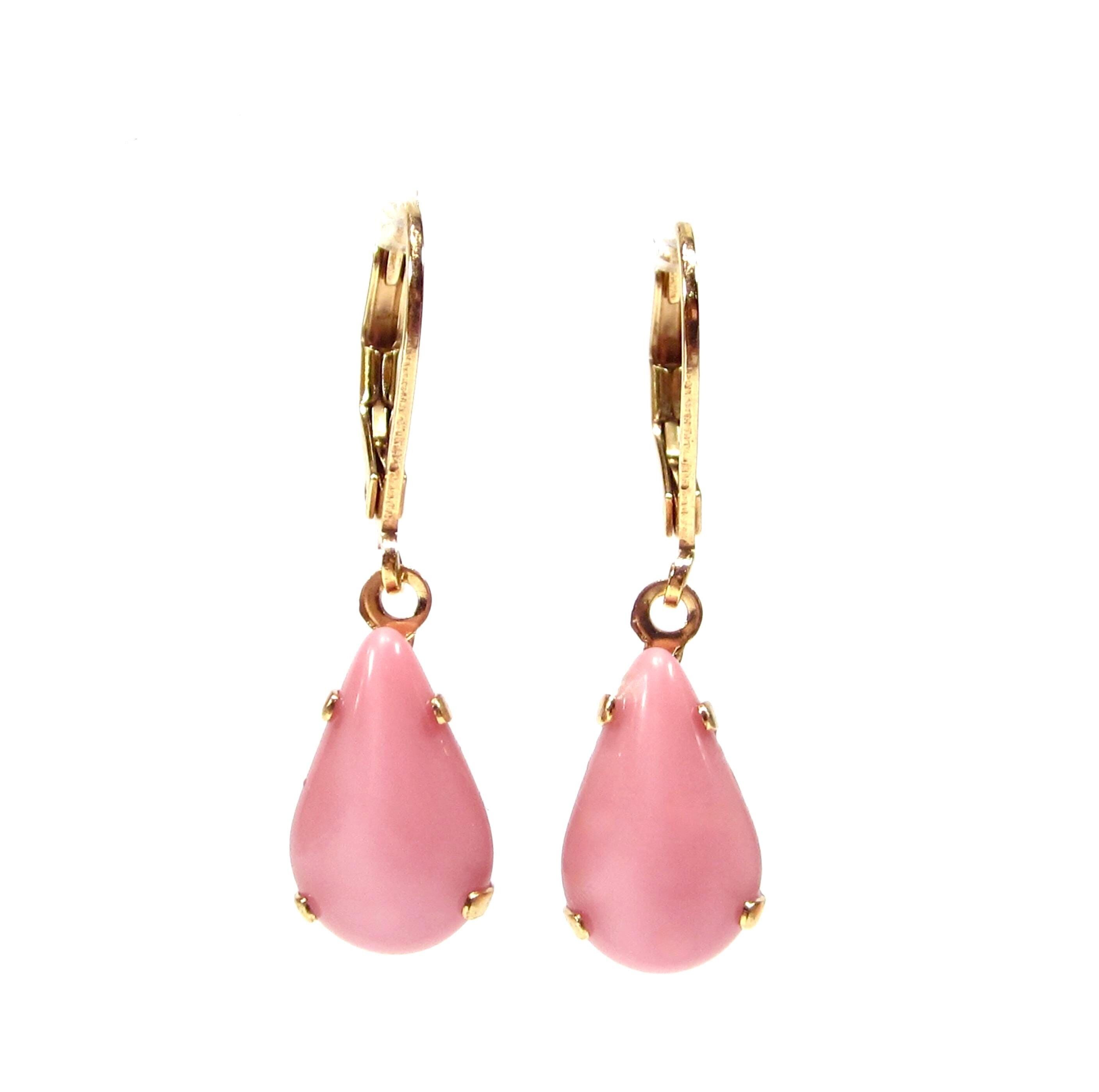 Boucles d'oreilles pendantes en or rose, boucles d'oreilles pendantes en verre vintage, années 1960