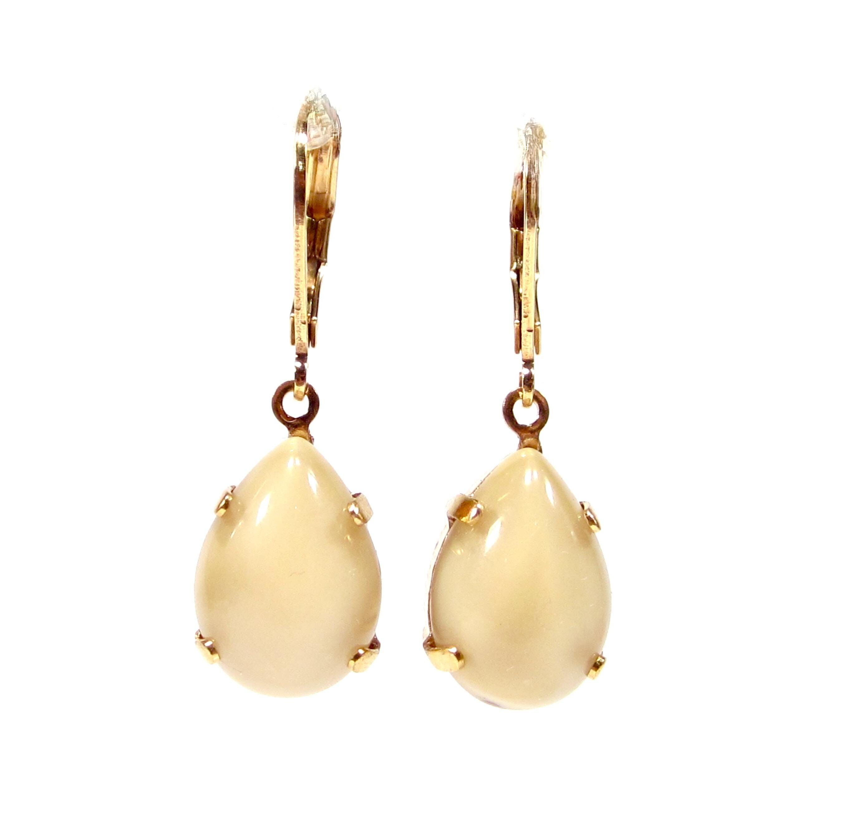 Boucles d'oreilles en or beige-brun avec pendentifs en verre vintage, plaquées or véritable, verre antique fait main