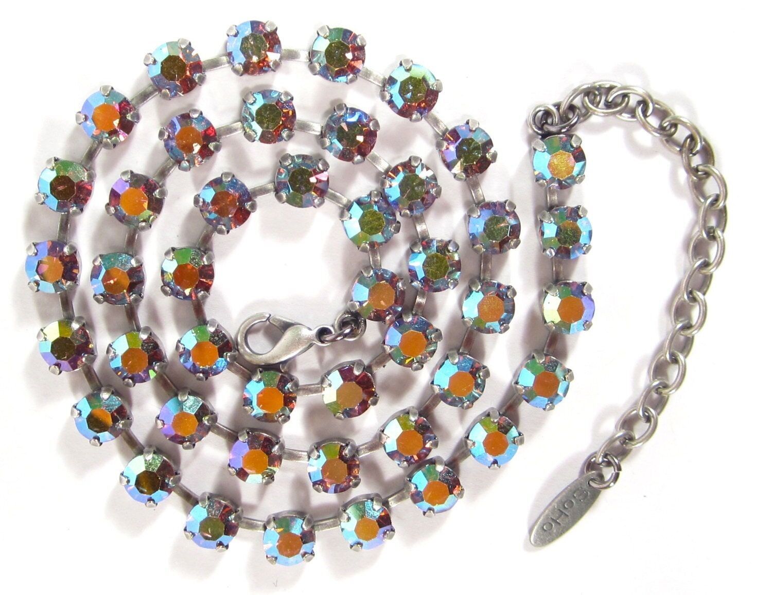 Collier SoHo®, cristaux taillés, topaze fumée claire AB aurore boréale, argent antique des années 1960, fait main à Cologne, Allemagne