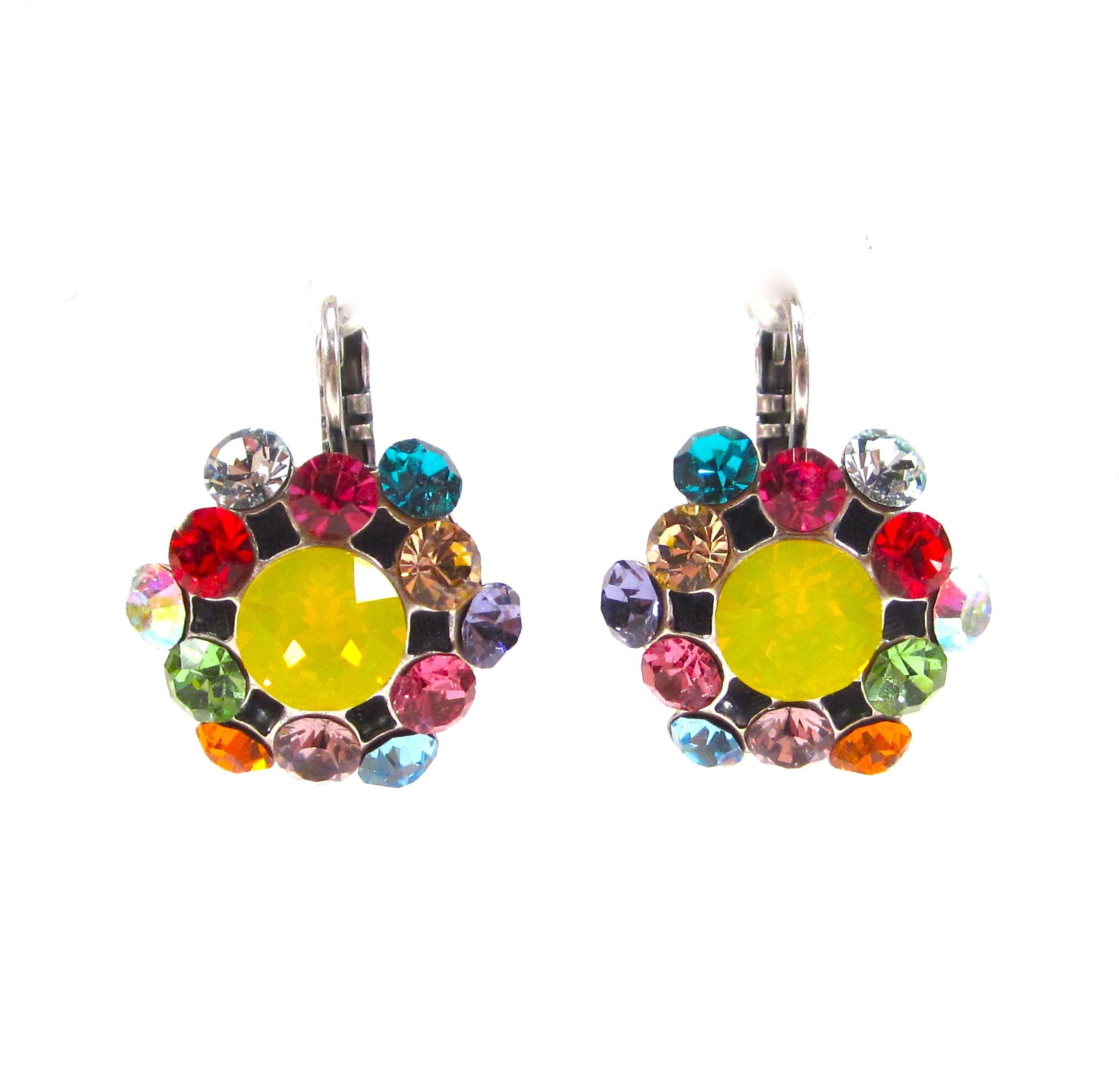 Boucles d'oreilles SoHo® colorées, pendantes ornées de cristaux facettés, d'opale jaune et de strass multicolores, crochets d'oreilles à charnière, argent vieilli, fabriquées à la main à Cologne.