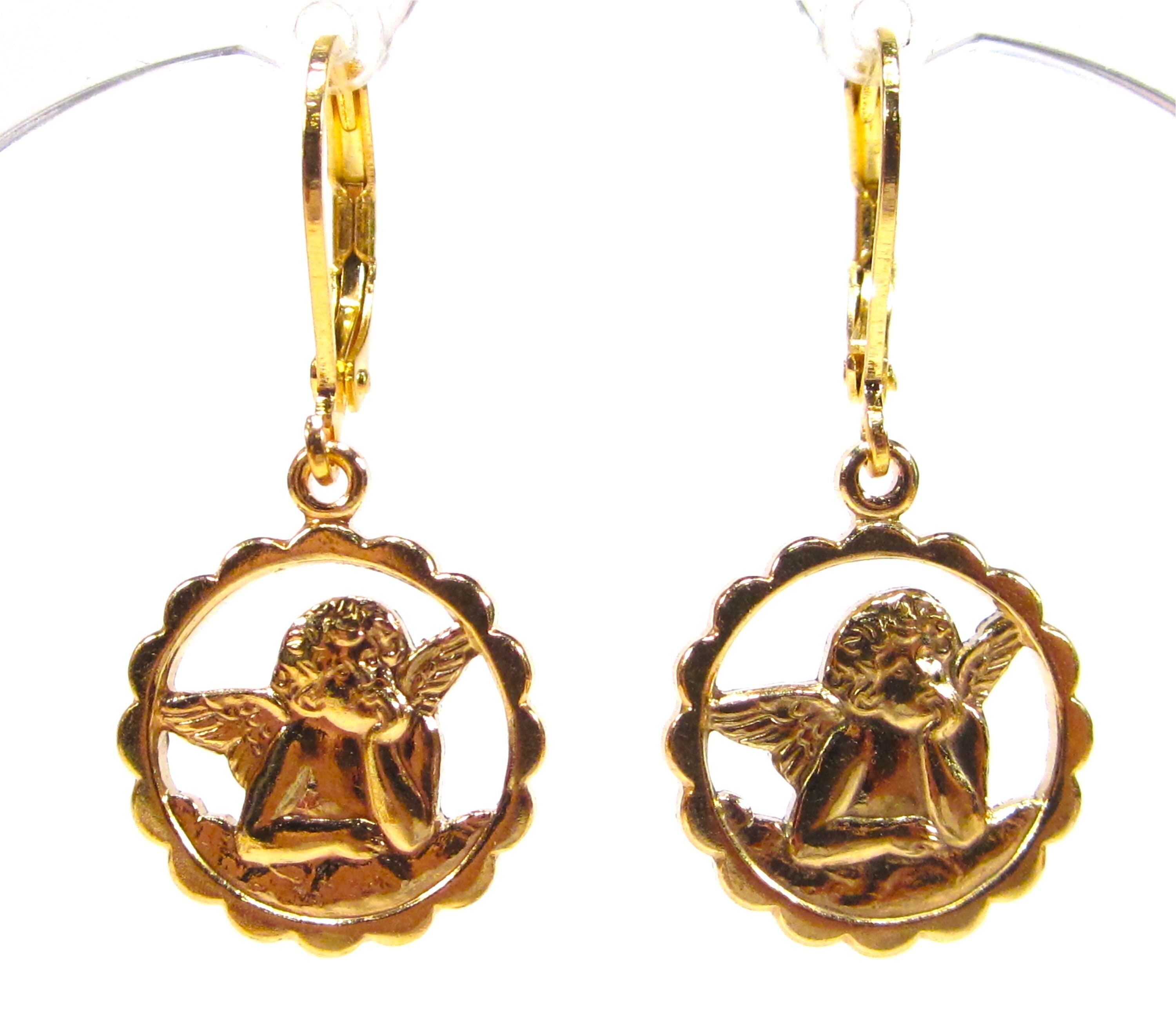 Orecchini SoHo® in ottone, placcati oro 18 carati, putto angelo Raffaele, rotondi, aperti, Dio ti protegga, portafortuna, angelo custode, realizzati a Colonia