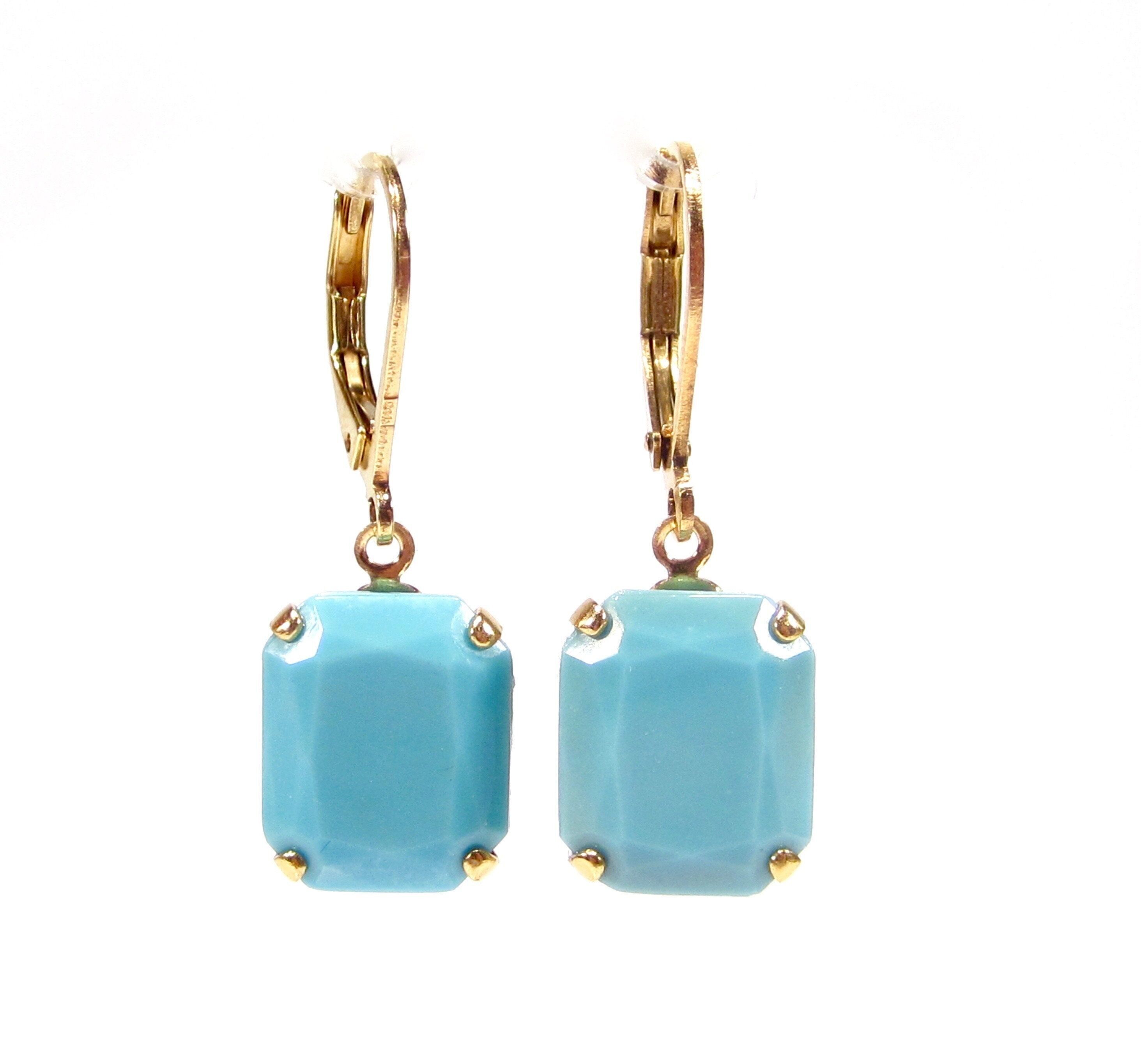 Orecchini estivi, turchese, azzurro, oro, vetro fatto a mano, sfaccettato, vintage anni '60