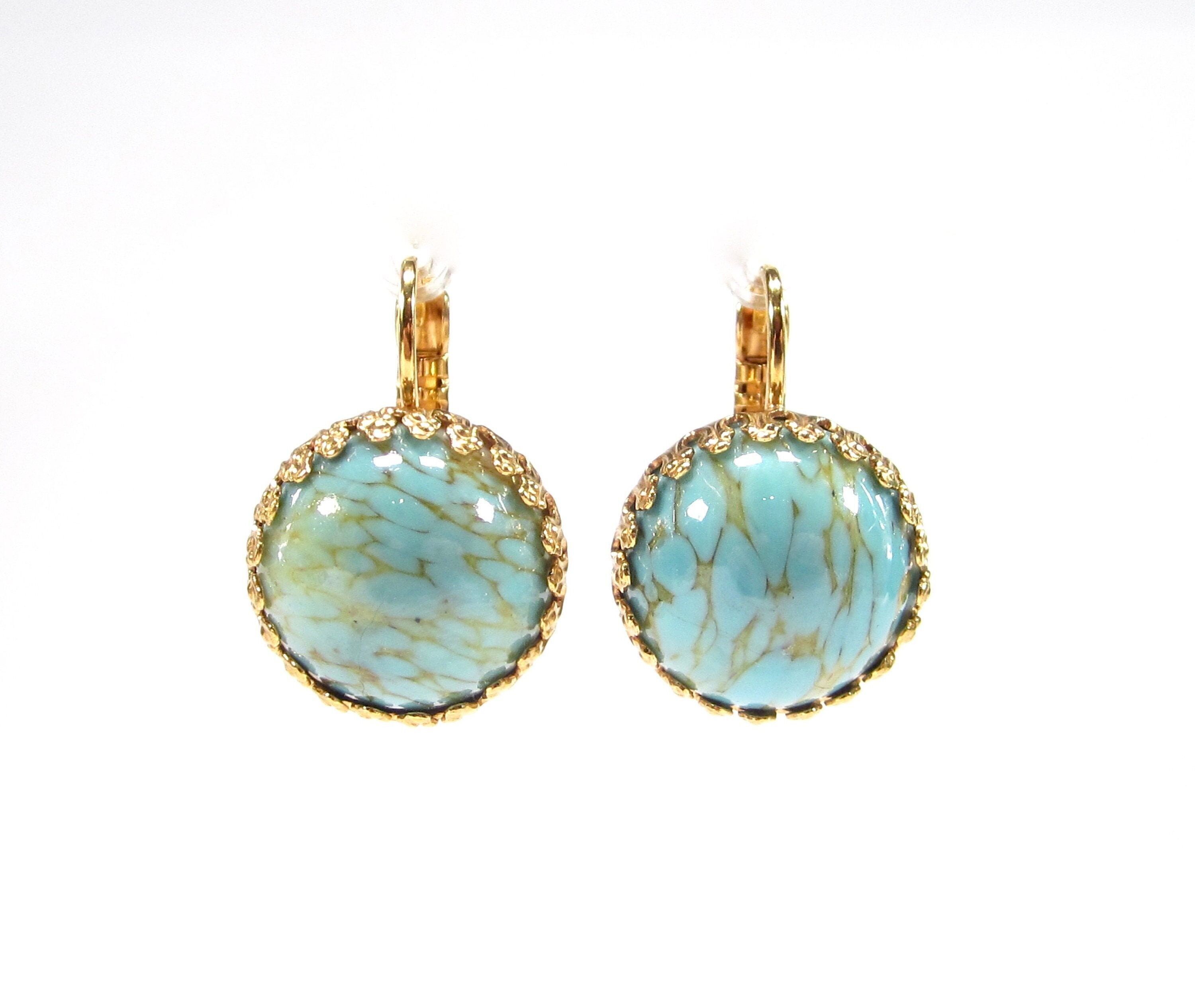 Orecchini pendenti in turchese e oro, vetro vintage, pietre di vetro fatte a mano, montatura a corona anni '60, placcati in oro, fatti a mano a Colonia