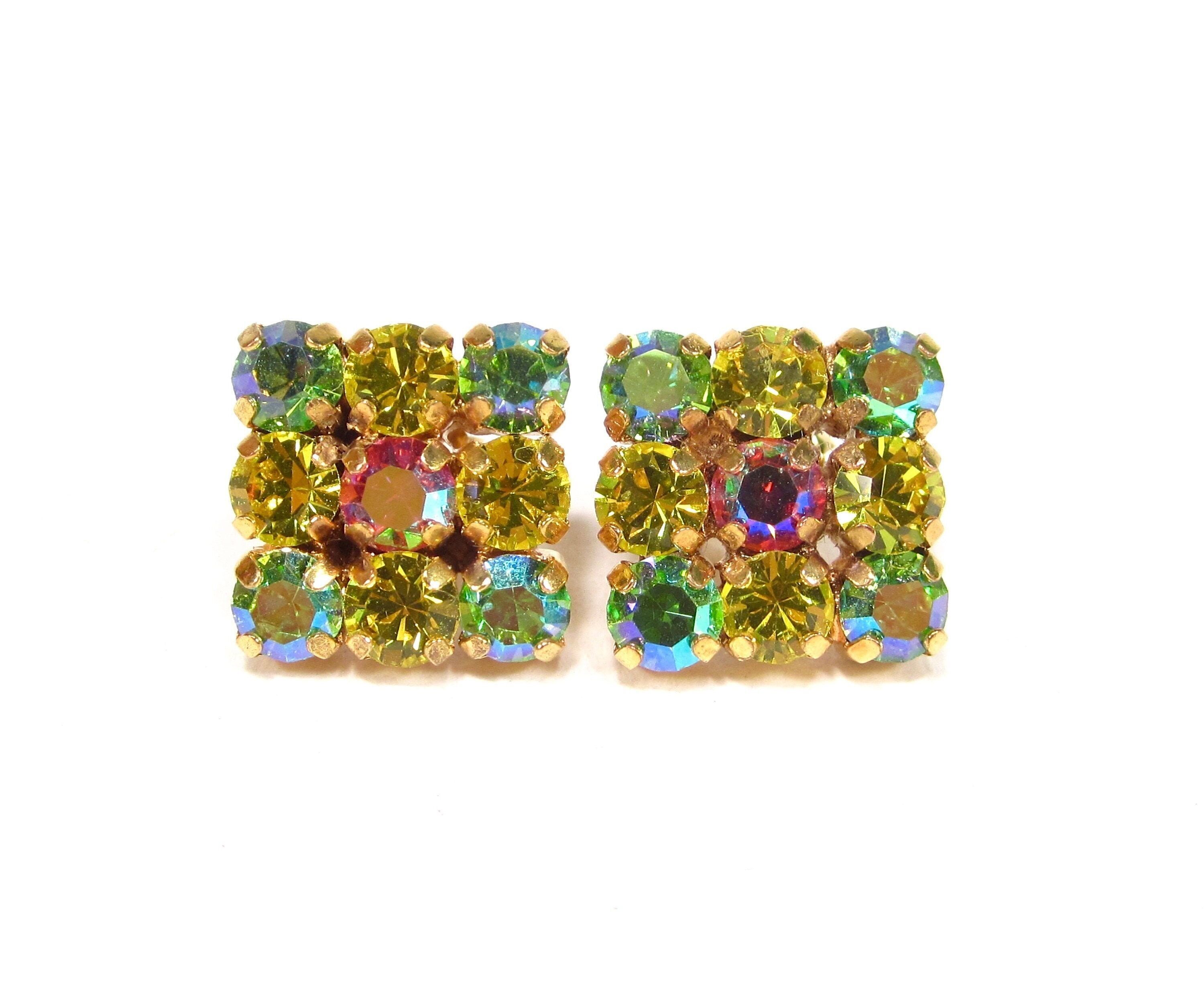 Graziosi orecchini a bottone quadrati, verdi, gialli, rosa, orecchini primaverili, strass quadrati, colorati, placcati in oro, fatti a mano a Colonia, Germania
