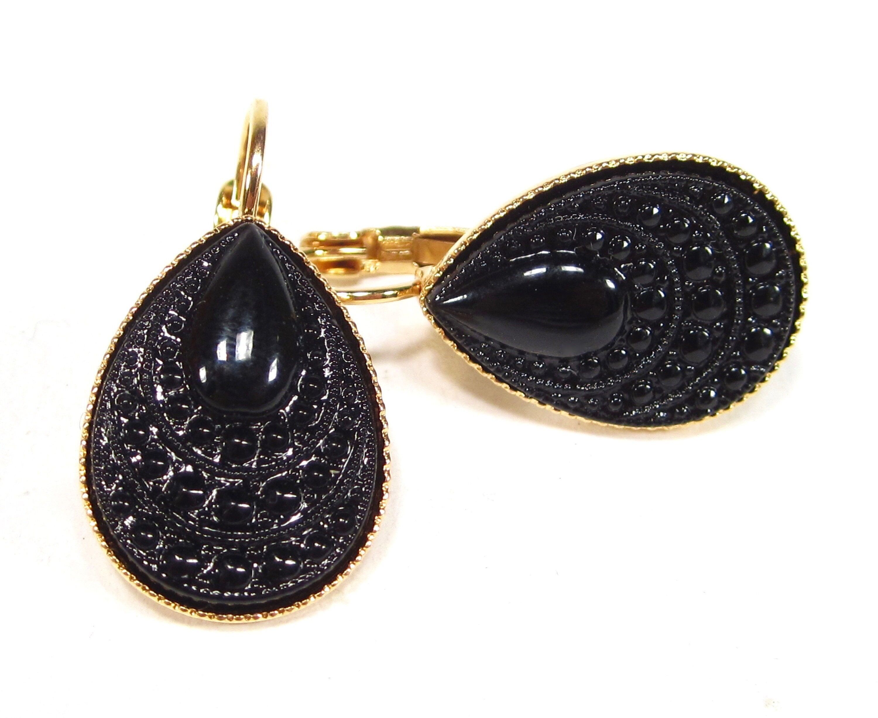 Eleganti orecchini in vetro vintage, neri e dorati con gocce in vetro vintage, pietre in vetro vintage fatte a mano, realizzate a mano a Colonia, Germania.