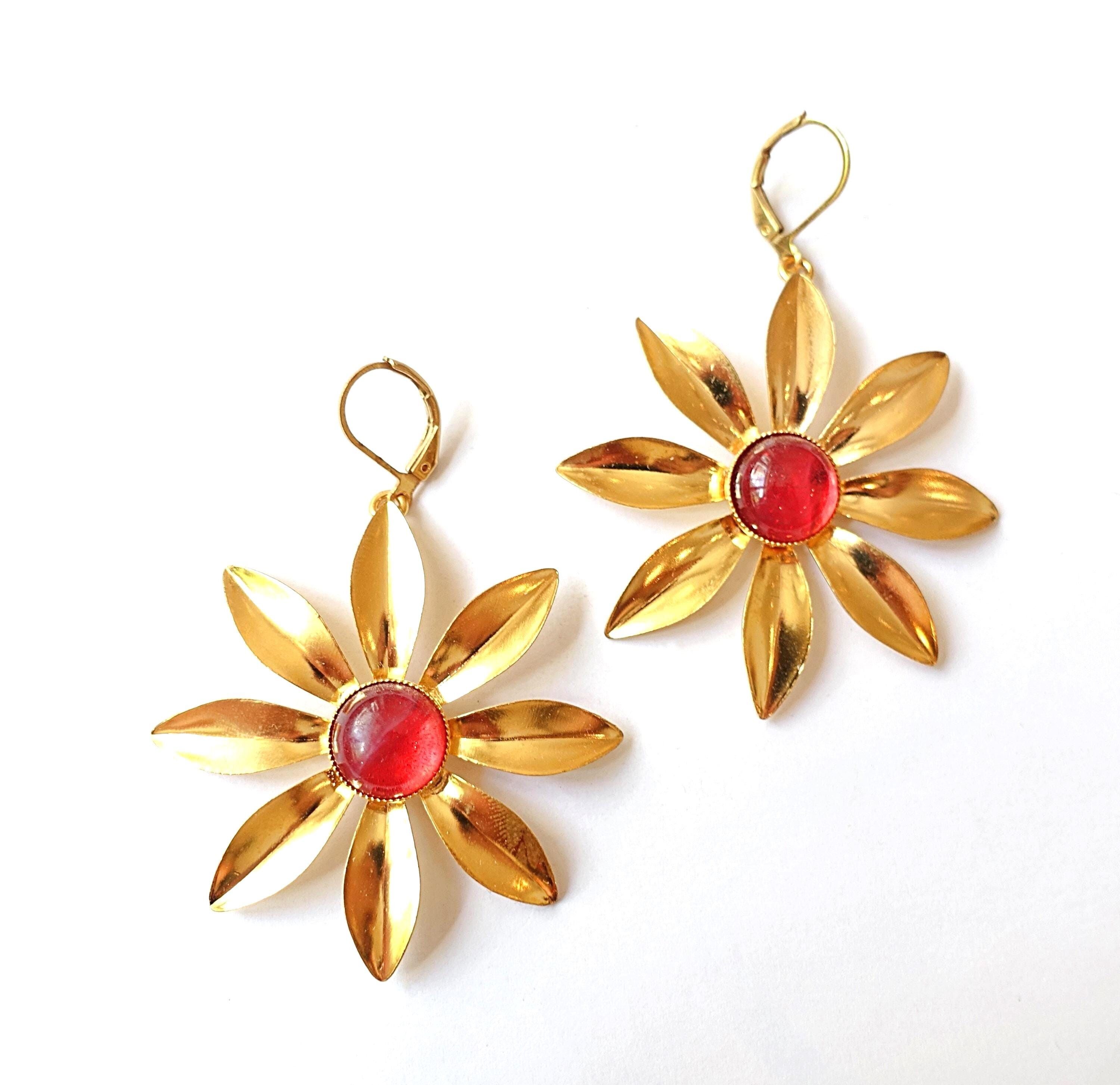 Orecchini giganti in oro Flower Power, orecchini vintage a forma di fiore rosso rubino e rosa con pietre di vetro fatte a mano del 1960, placcati in oro, fatti a mano