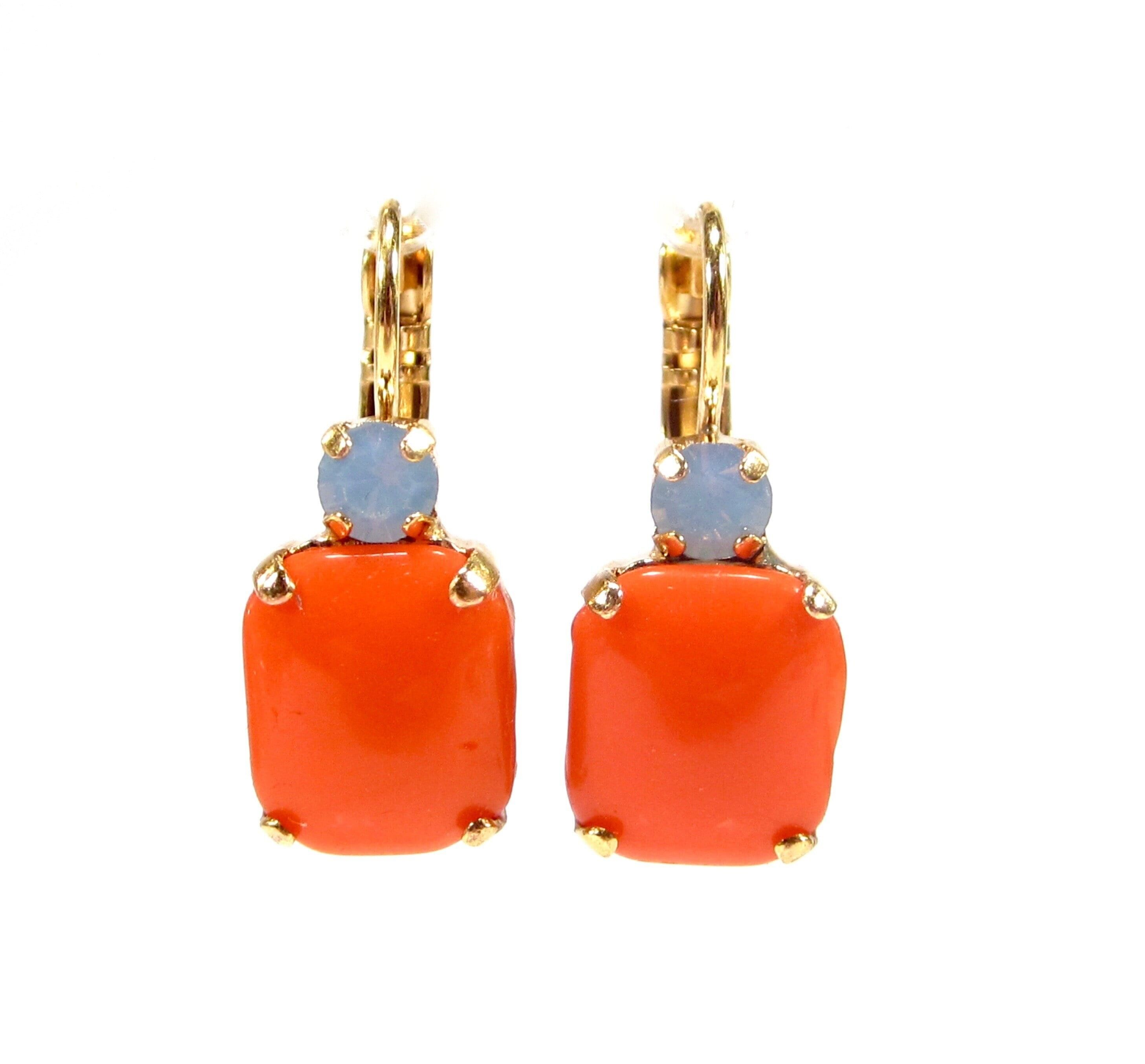 Orecchini estivi color oro, arancione e blu, orecchini pendenti in vetro fatti a mano, vintage anni '60 color arancione e corallo, realizzati a Colonia, Germania