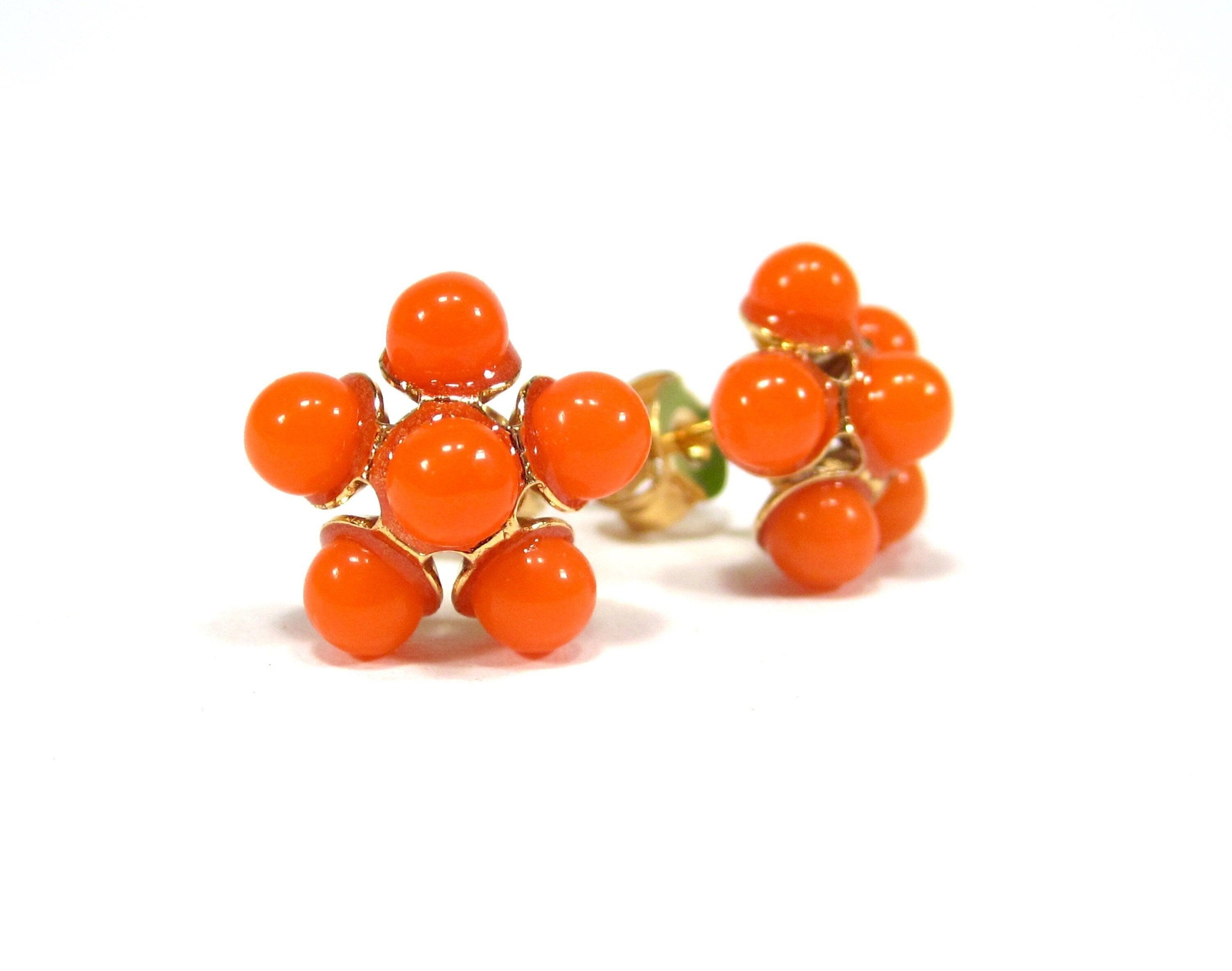 Orecchini a bottone con fiore in oro arancione e perline di vetro vintage, orecchini retrò, originali anni '60 in stile spaziale, vetro boemo, arancione, fatti a mano a Colonia