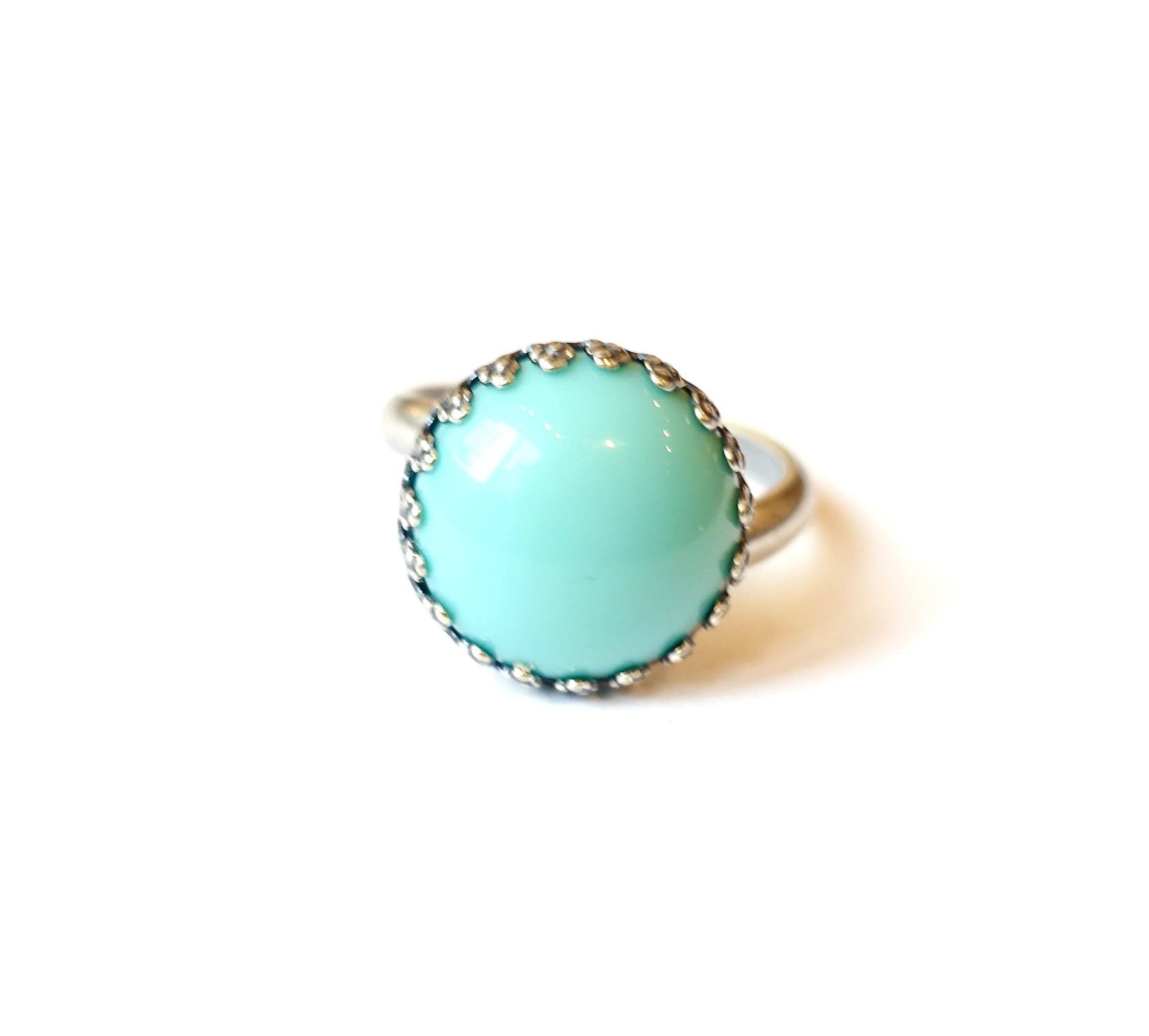 Anello turchese vintage, argento antico, azzurro opaco, 14 mm, pietra di vetro di Boemia fatta a mano, anni '70, fatto a mano a Colonia