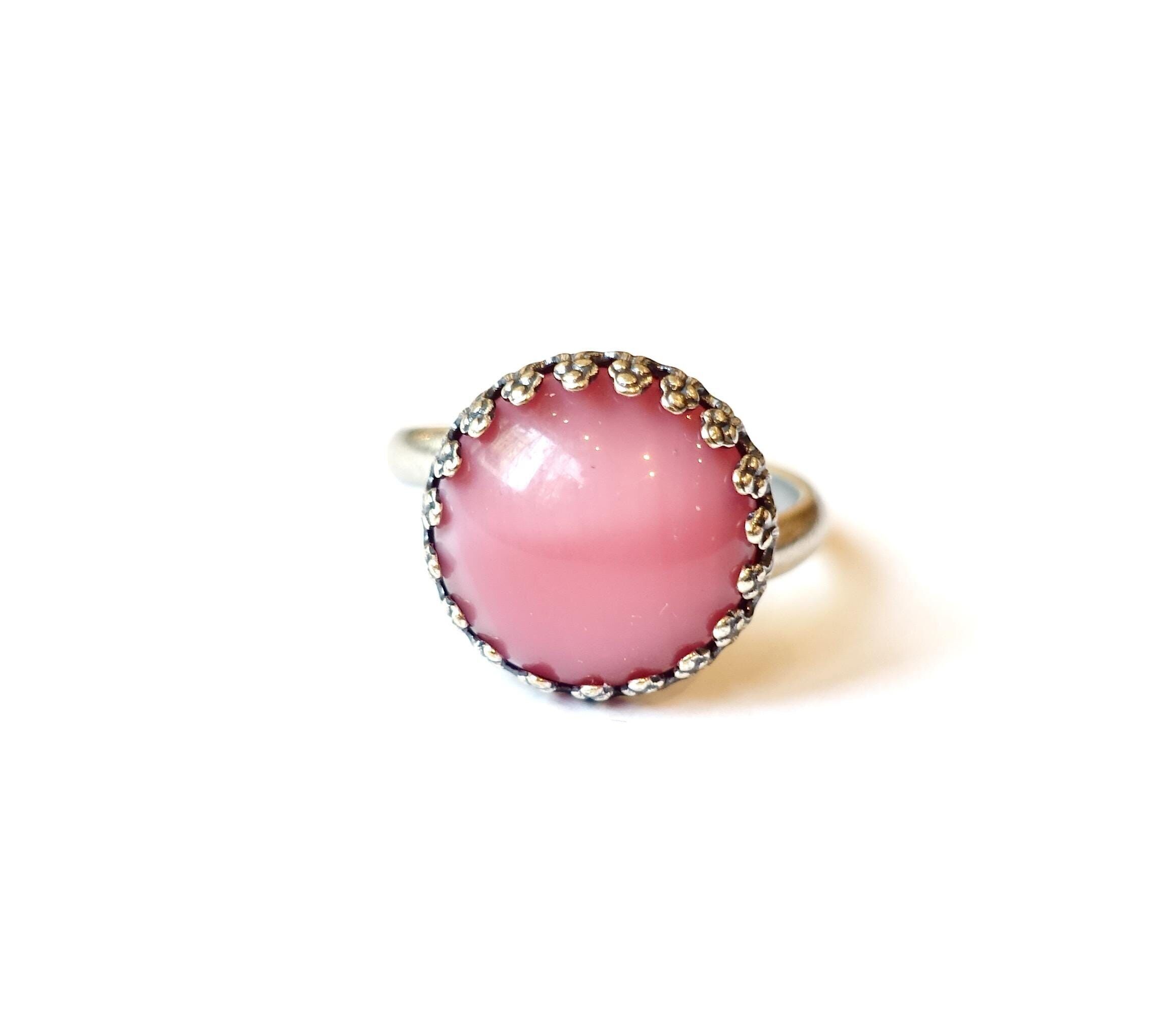 Anello vintage rosa, argento antico, opaco, 14 mm, pietra di vetro di Boemia fatta a mano, anni '70, fatto a mano a Colonia