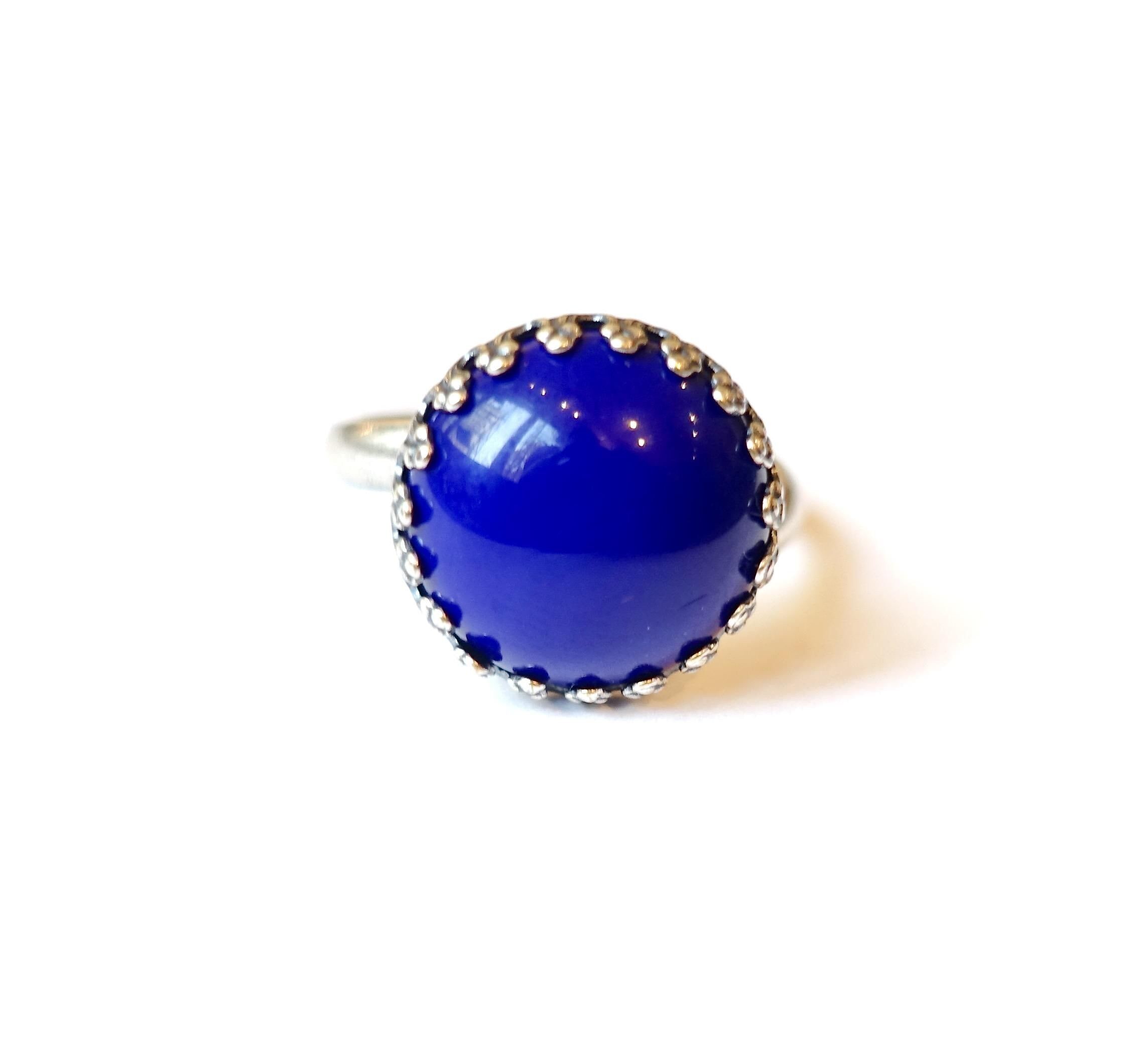 Anello blu vintage, argento antico, lapislazzuli opaco, 14 mm, pietra di vetro di Boemia fatta a mano, anni '70, fatto a mano a Colonia