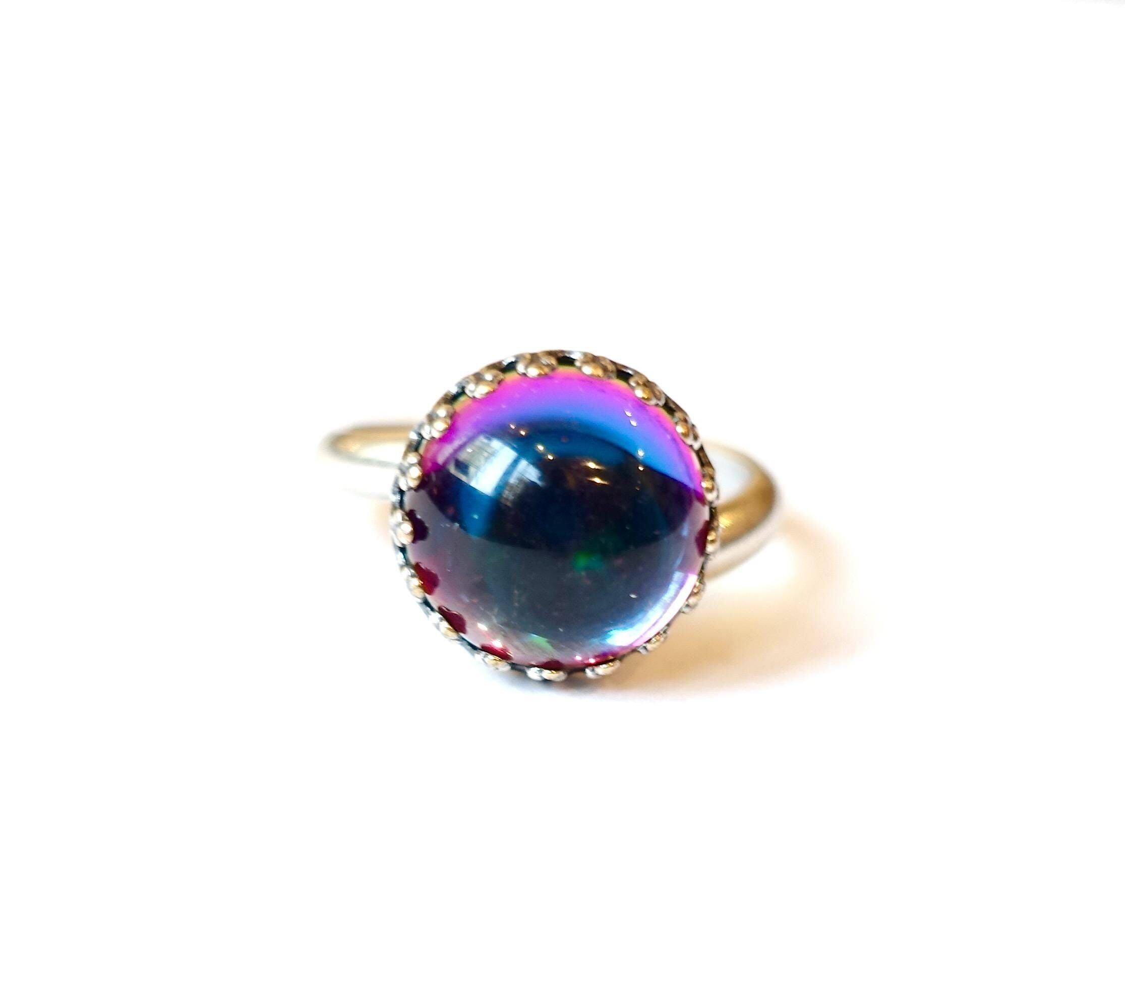 Anello colorato iridescente Elektra blu rosa argento antico 12mm arcobaleno fatto a mano pietra di vetro di Boemia anni '70 fatto a mano a Colonia