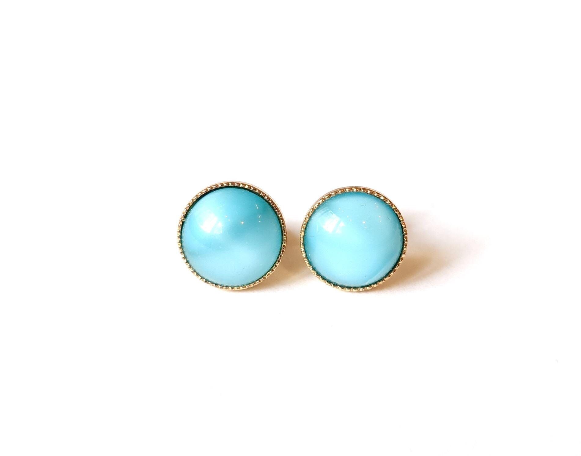 Orecchini a bottone in oro azzurro, turchese vintage anni '60, opale di vetro, pietre di vetro fatte a mano, 9 mm, placcati in oro, fatti a mano a Colonia, Germania