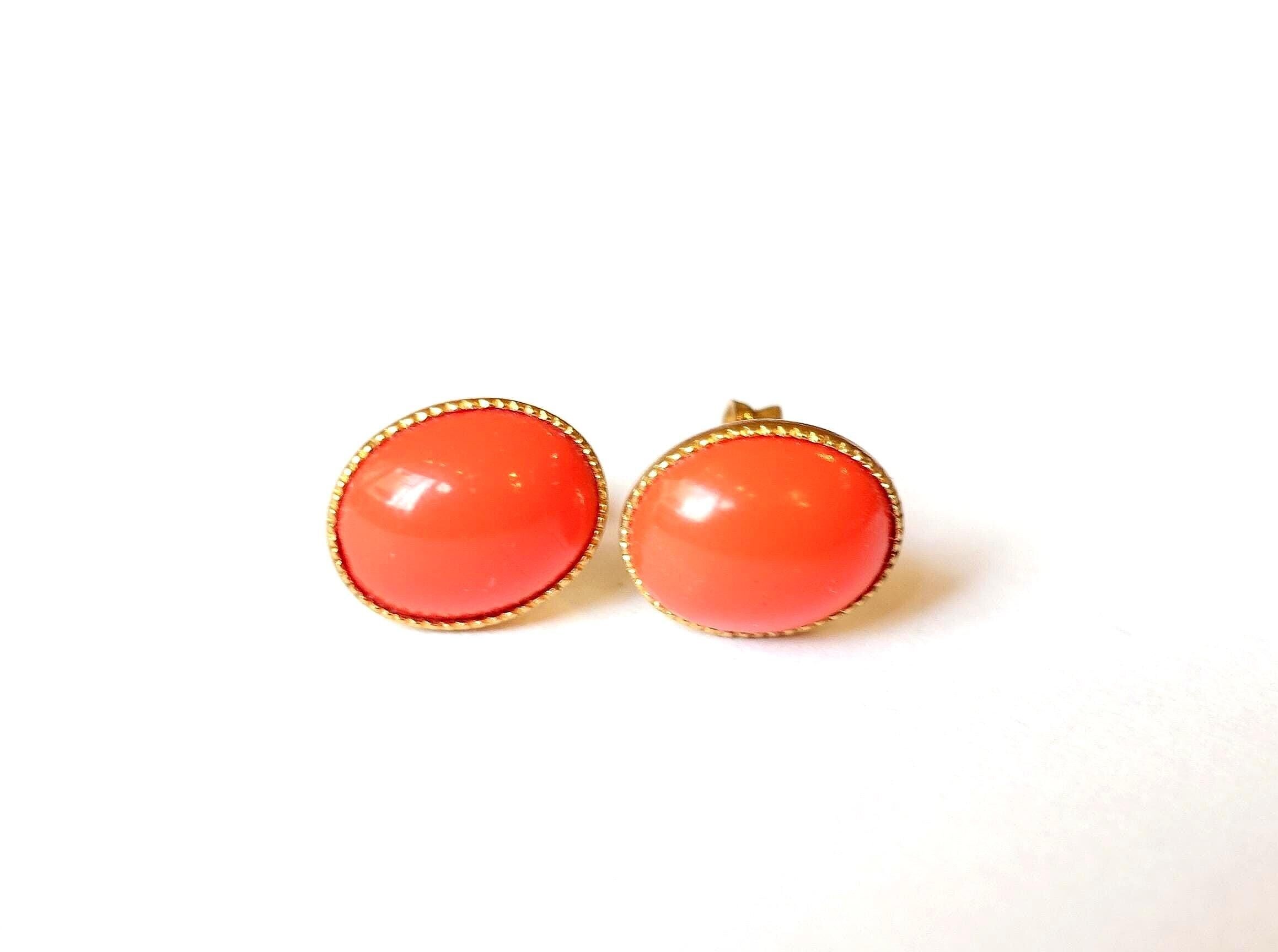 Orecchini a bottone in oro arancione, vintage anni '60, in vetro, fatti a mano, pietre di vetro, corallo, ovali 10x8, placcati in oro, fatti a mano a Colonia, Germania