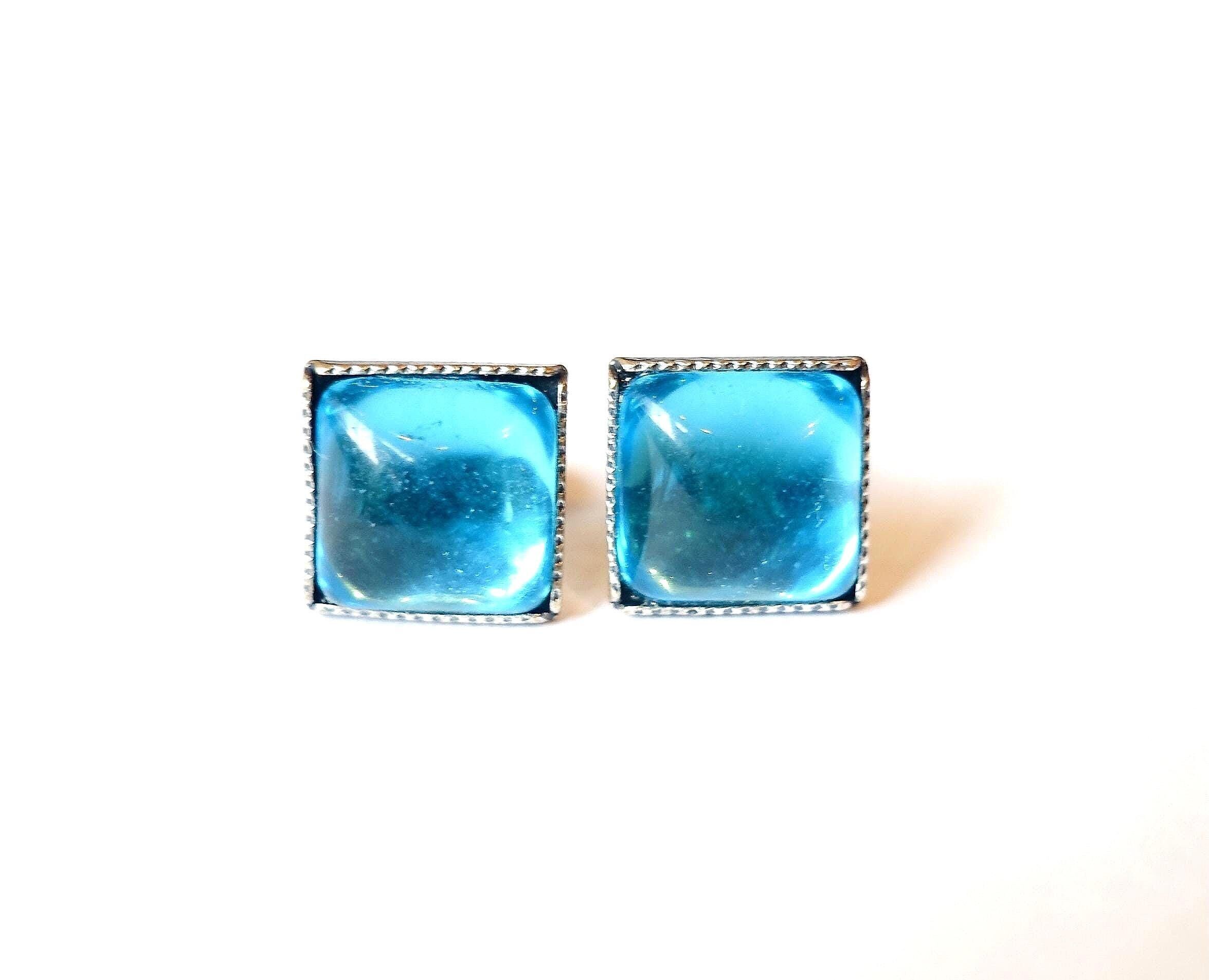 Orecchini a bottone in opale blu con pietre di vetro fatte a mano, quadrati, azzurri, argento, fatti a mano a Colonia