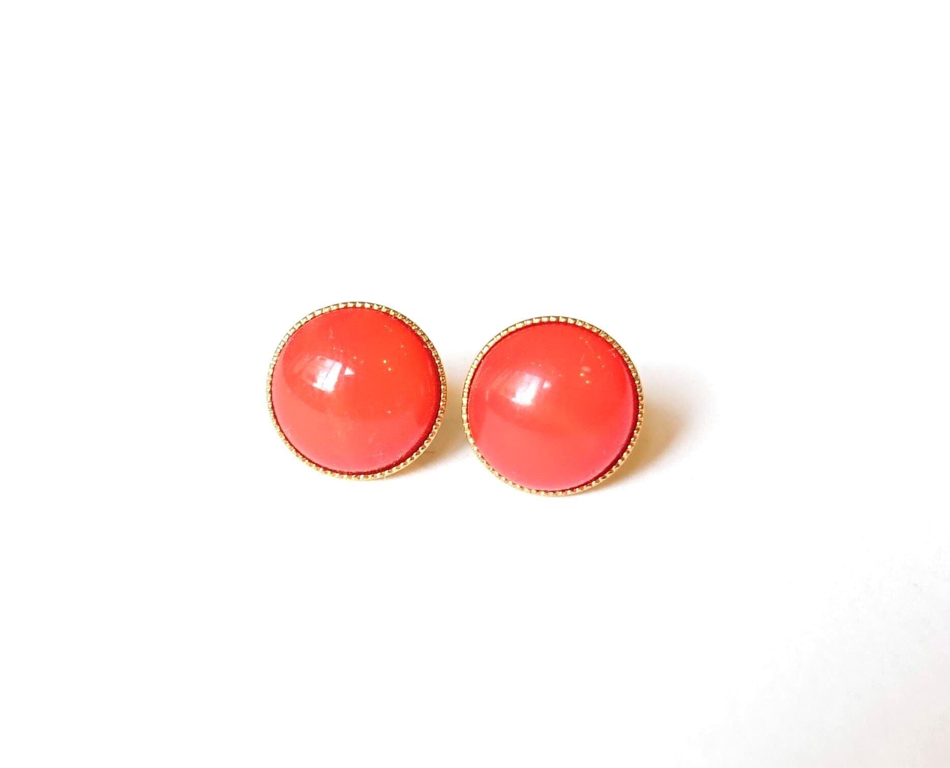 Orecchini a bottone in oro arancione, vintage anni '60, in vetro, fatti a mano, pietre di vetro, corallo, 10 mm, placcati in oro, fatti a mano a Colonia, Germania