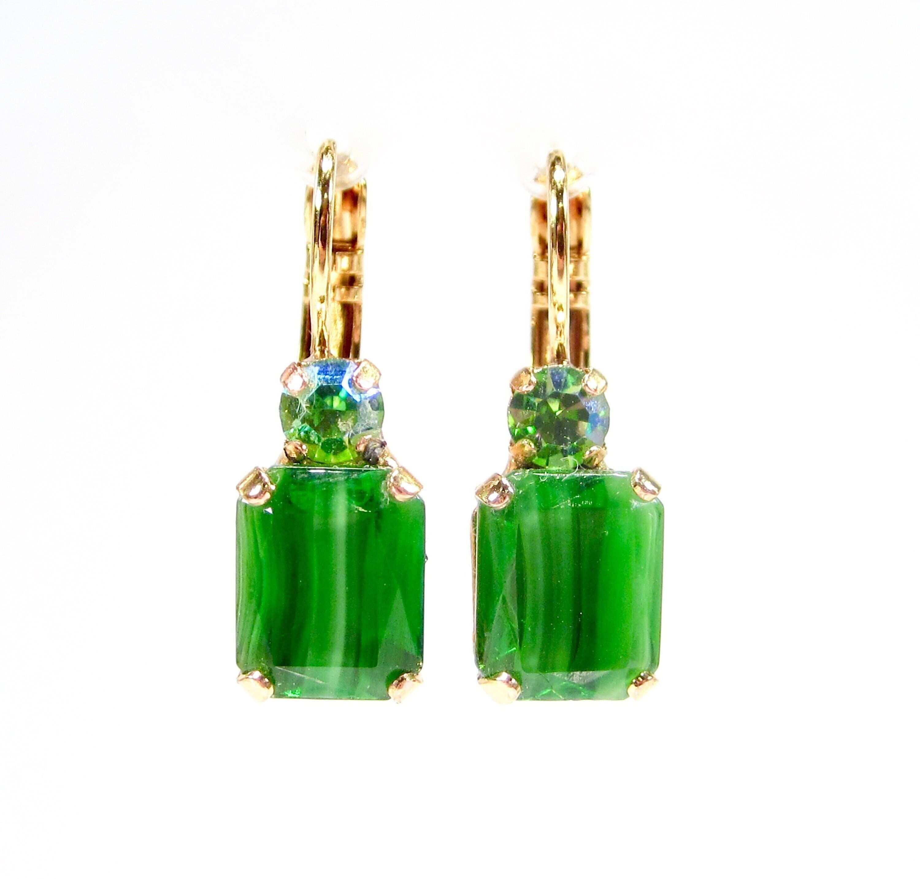 Orecchini pendenti unici in oro e verde, vetro fatto a mano, vintage verde smeraldo anni '60, realizzati a Colonia, Germania