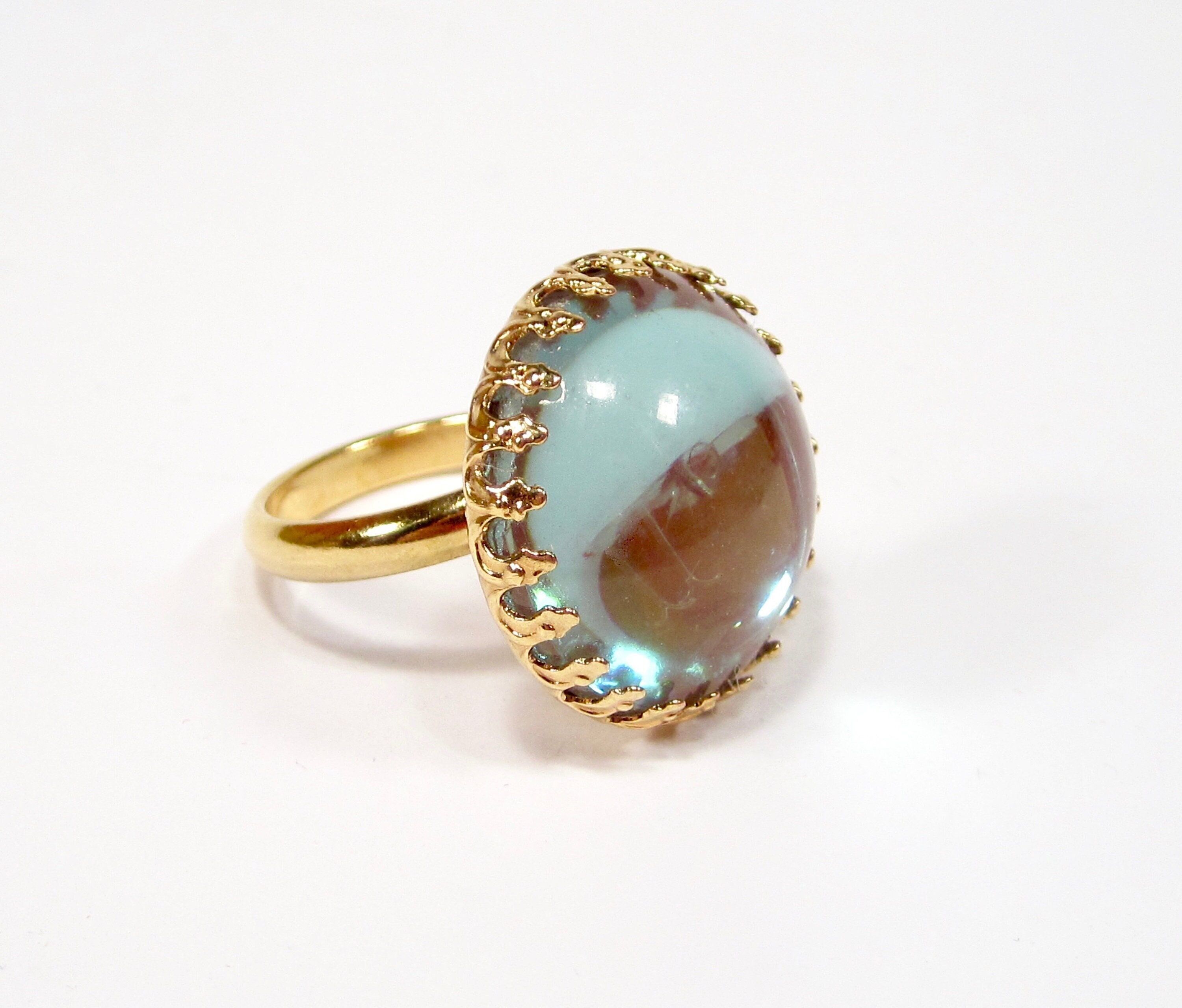Großer Ring saphiret Glas Rose blau gold Ring rund Statement handgemachtes Opal Glas vintage bohemia Glas handmade in cologne