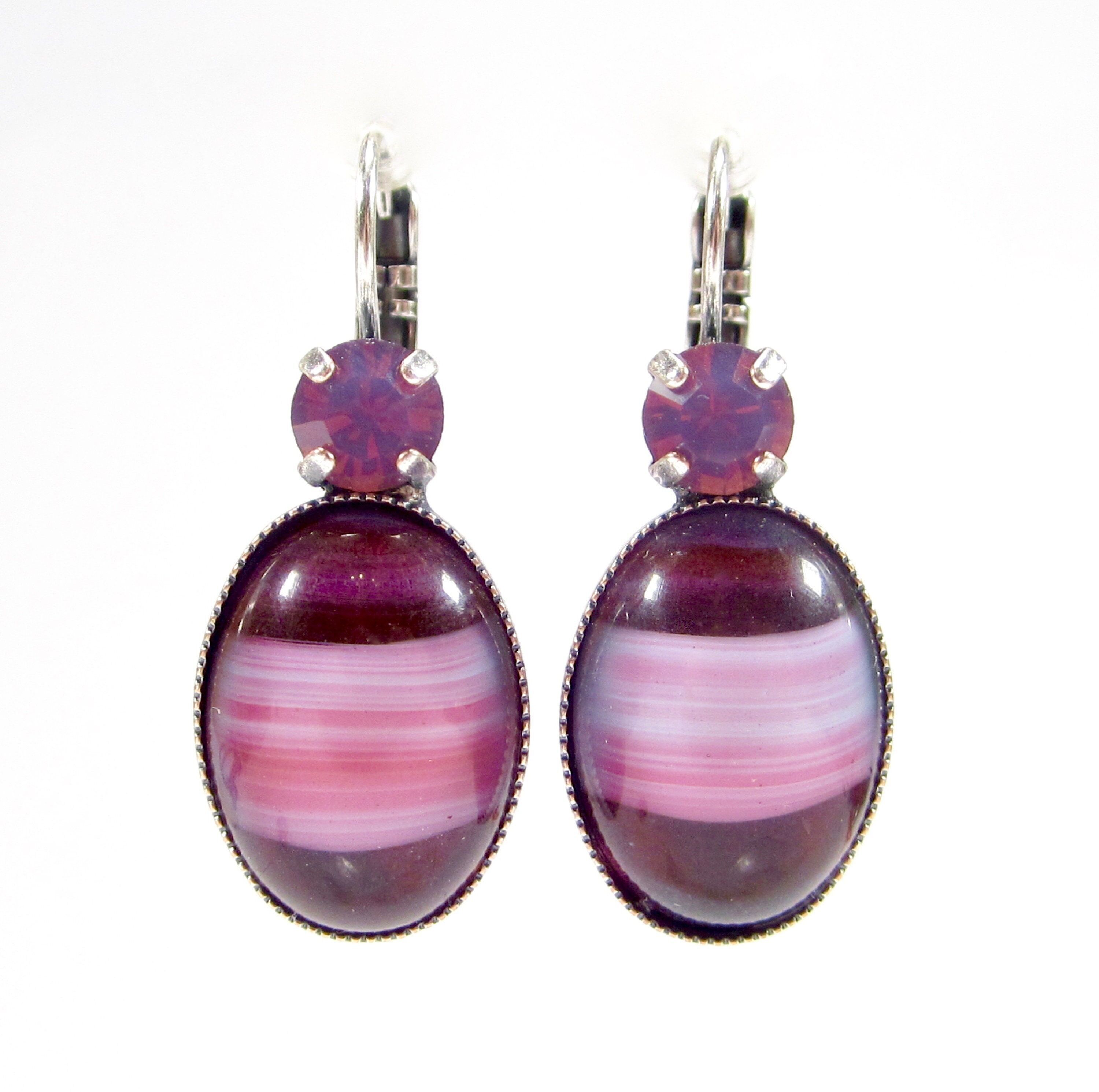 Graziosi orecchini ovali in vetro viola con cristalli tagliati, pietre di vetro fatte a mano, realizzate a mano a Colonia