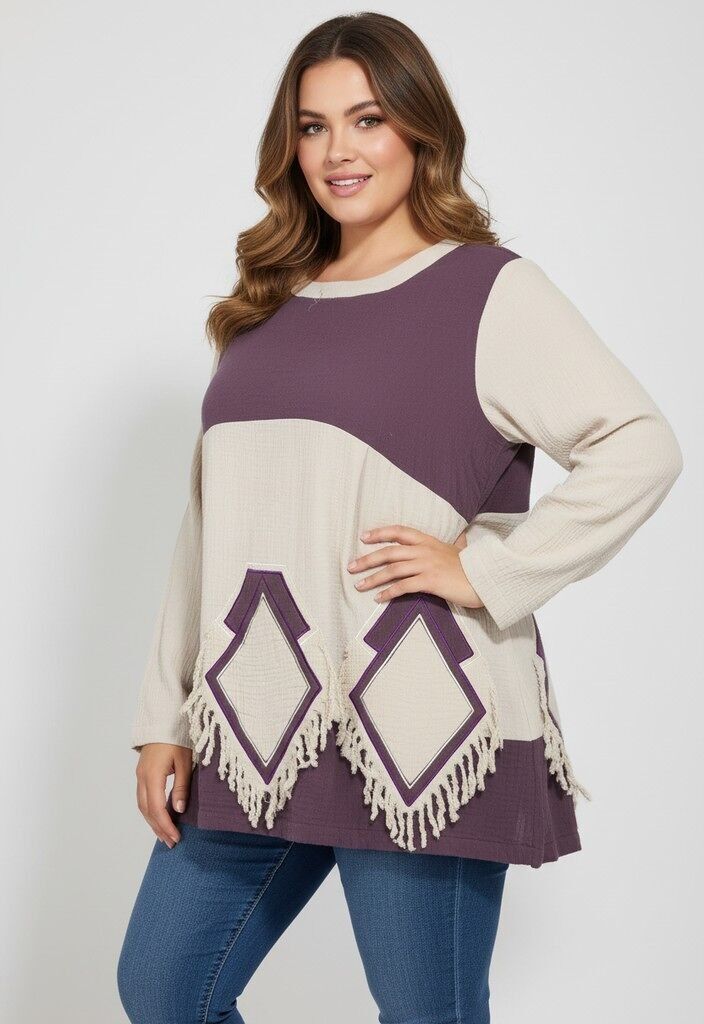 Suéter beige y morado con efecto roto, talla grande (A815)