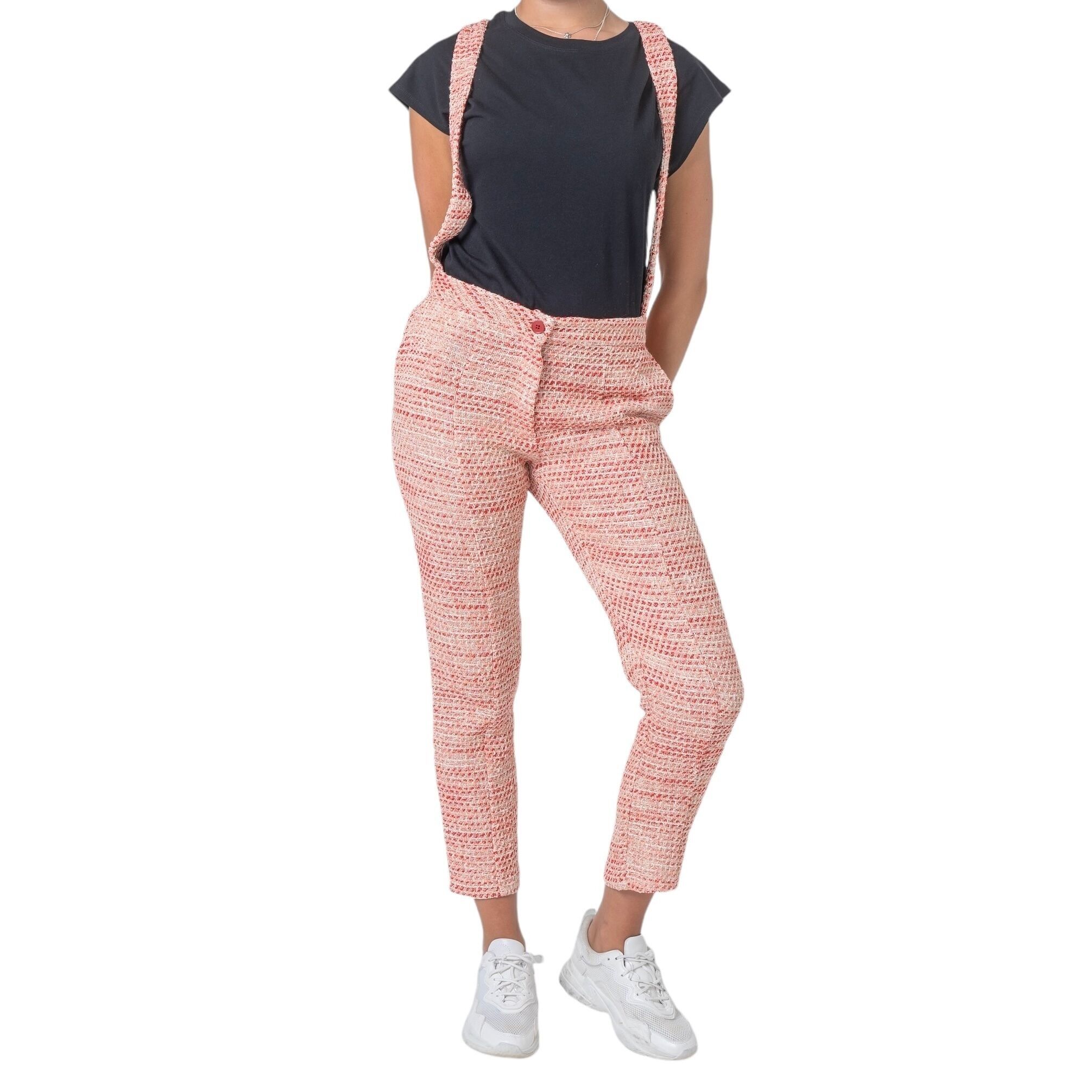 Pantalones de tweed rojo y naranja