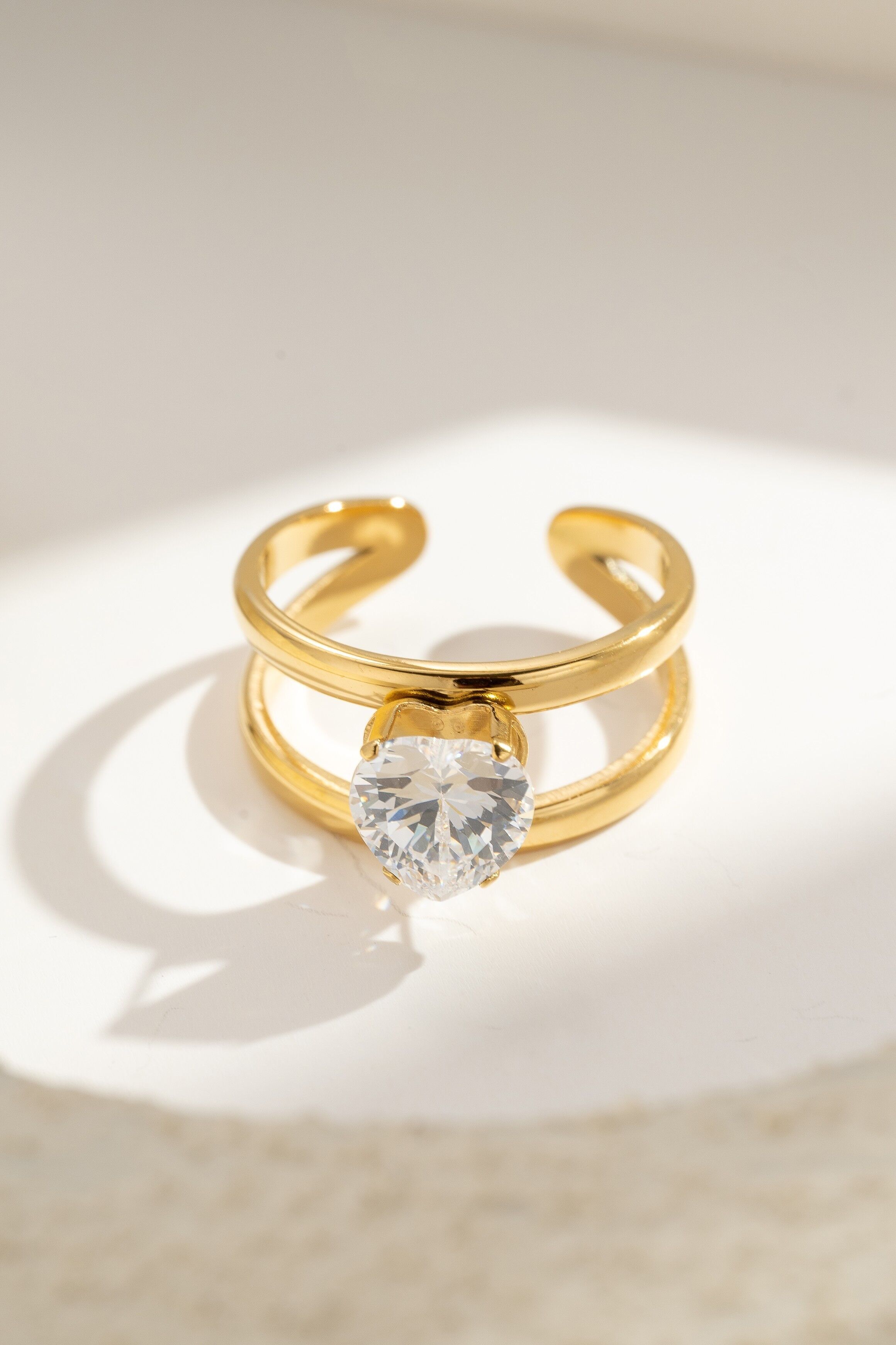 Verstellbarer Herzring, Edelstahl, Doppelring, Kristall