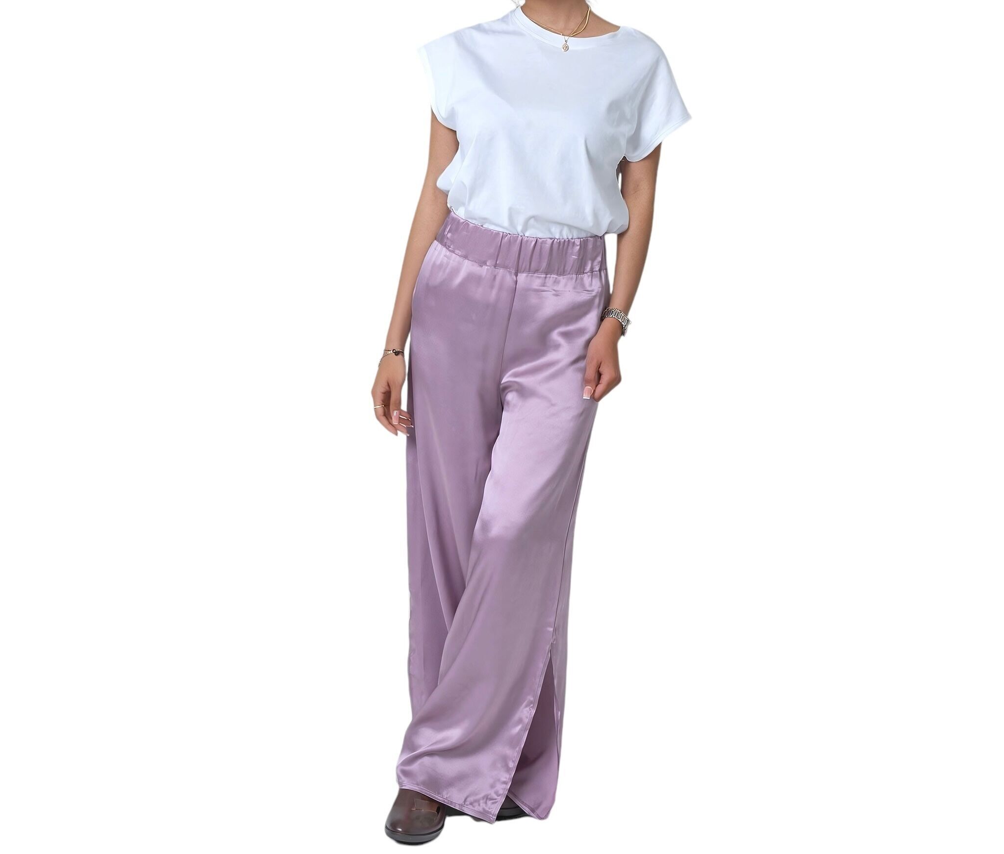 Pantalon lilas en satin de soie