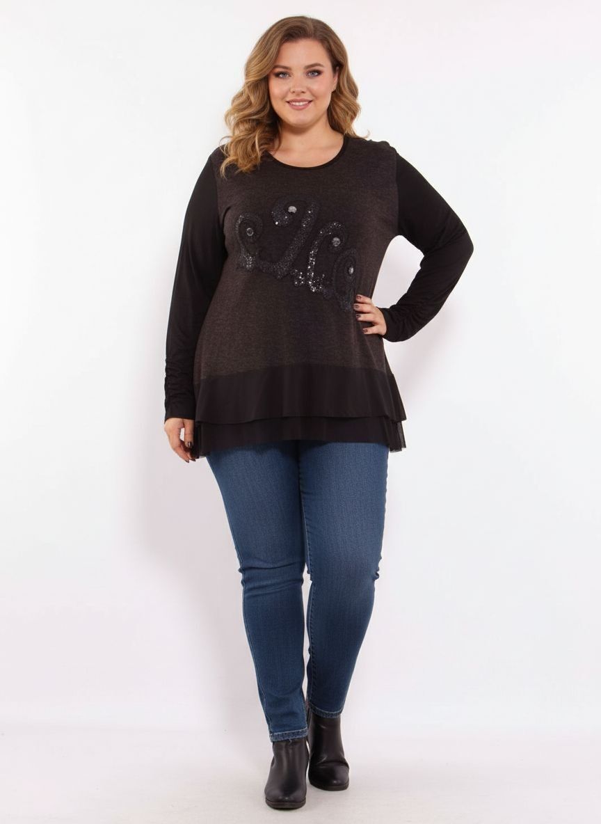 Suéter de talla grande con volante y estampado (A936)