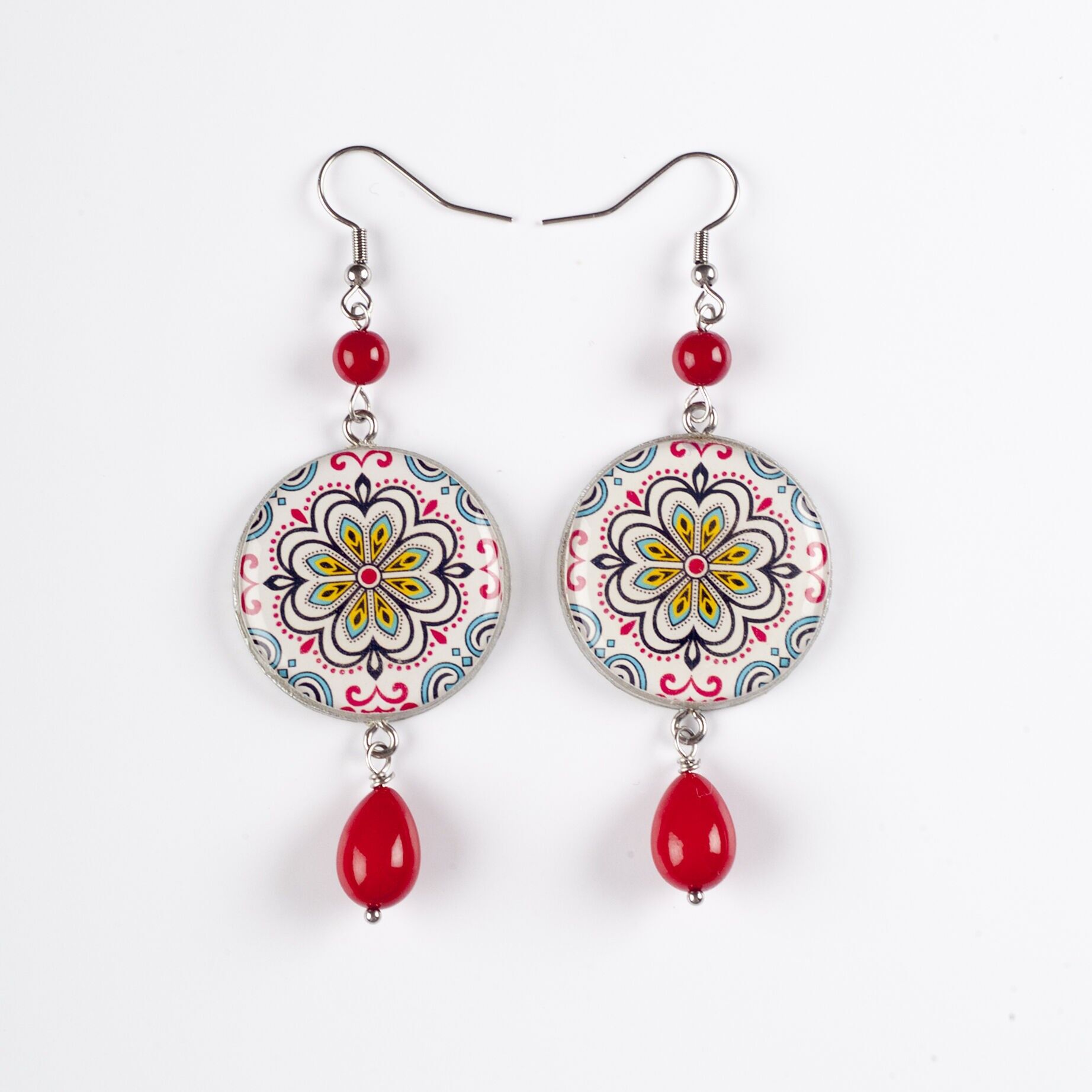 Orecchini Artigianali in legno e Resina - maiolica rossa - argento