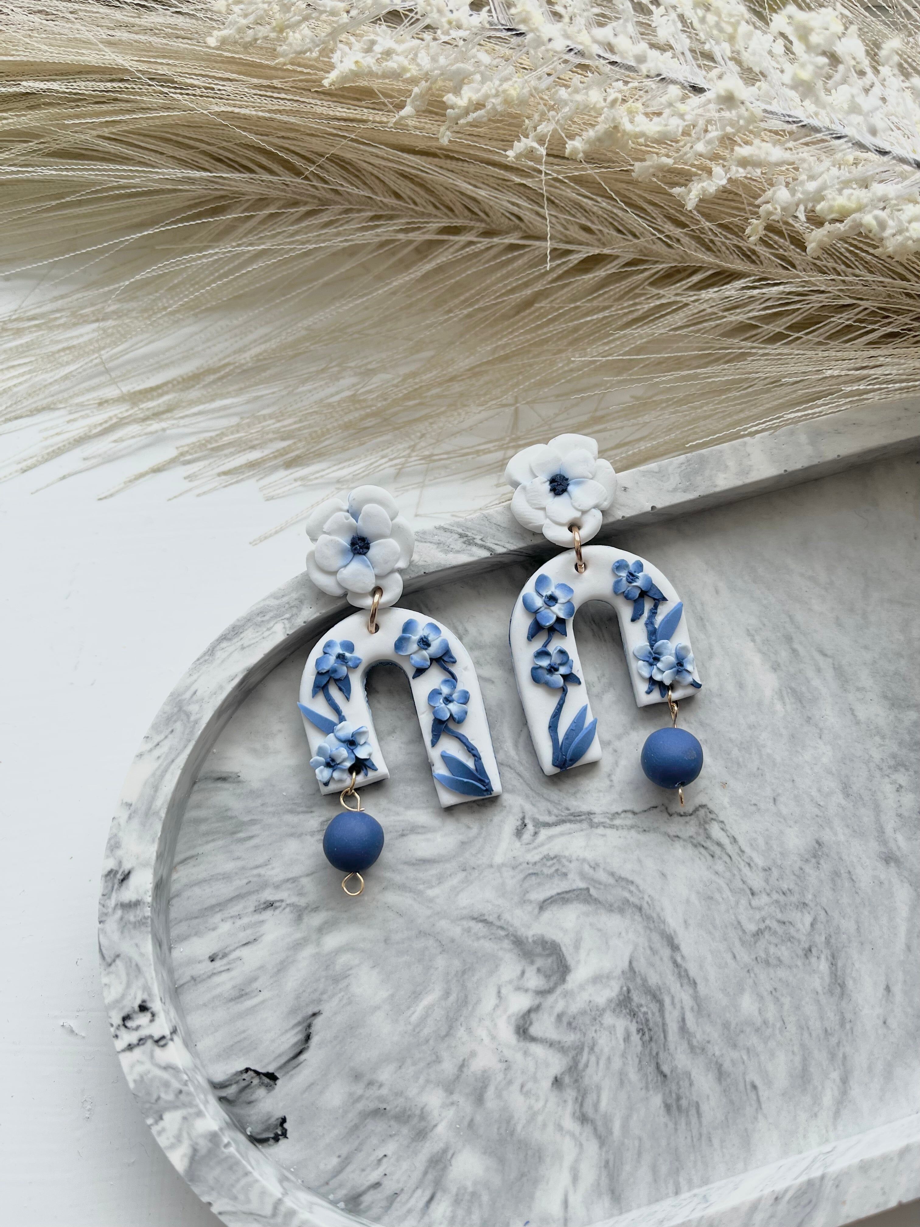 Boucles d'oreilles en pâte polymère - Bleu Chine n° 4