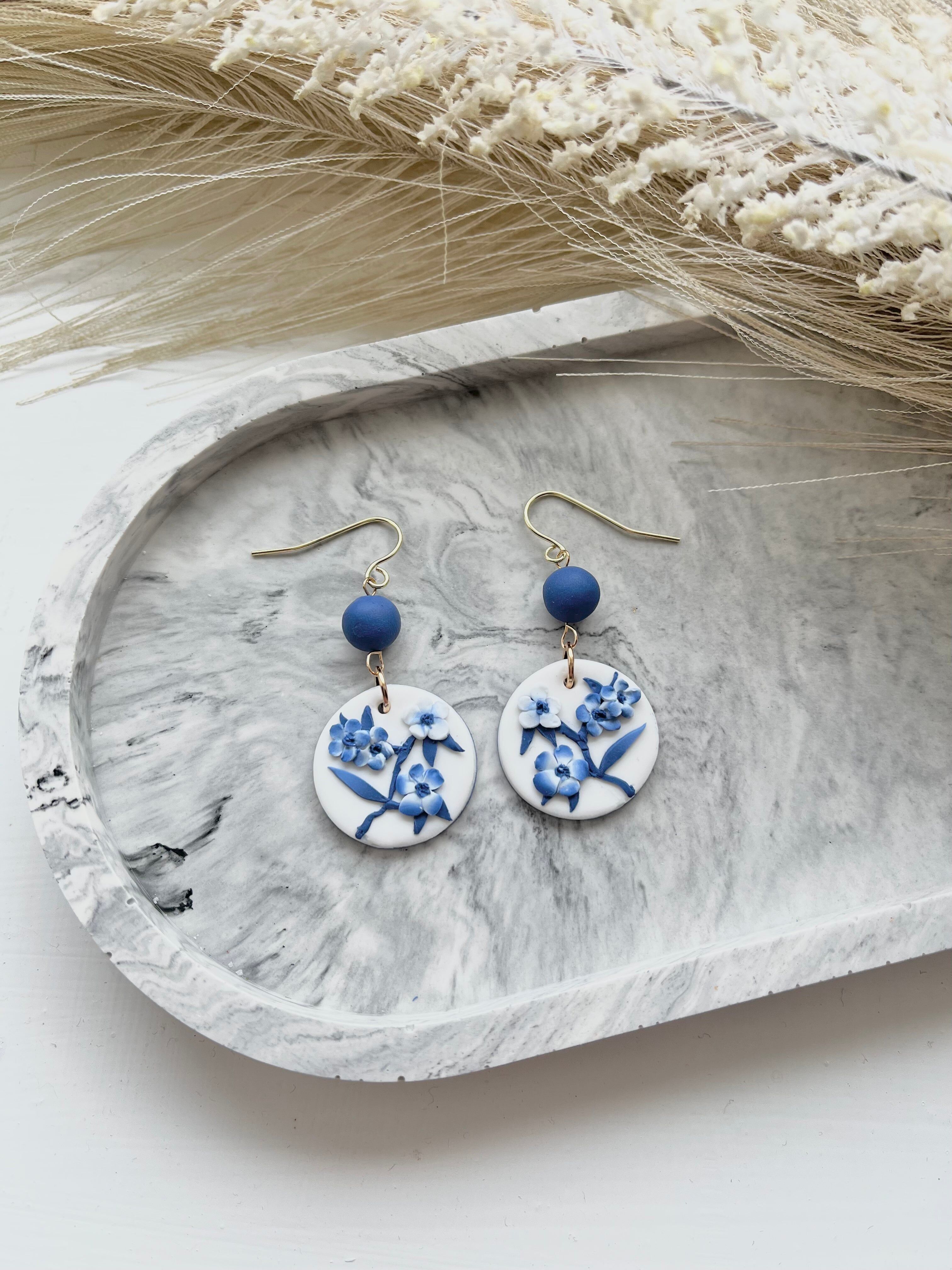 Boucles d'oreilles en pâte polymère - Bleu Chine n° 2