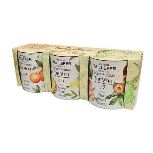 Trio of flavored green teas: Orange and lemon, pineapple and vanilla, peach and passion fruit (3 x 60g) - Maison Taillefer