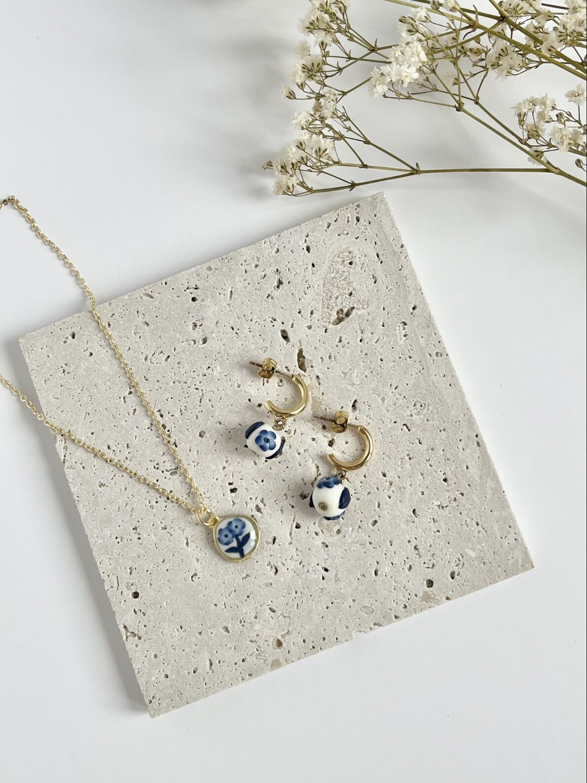 Blue China Polymer Clay Earrings &amp; Necklace Bundle - Dainty Bundle