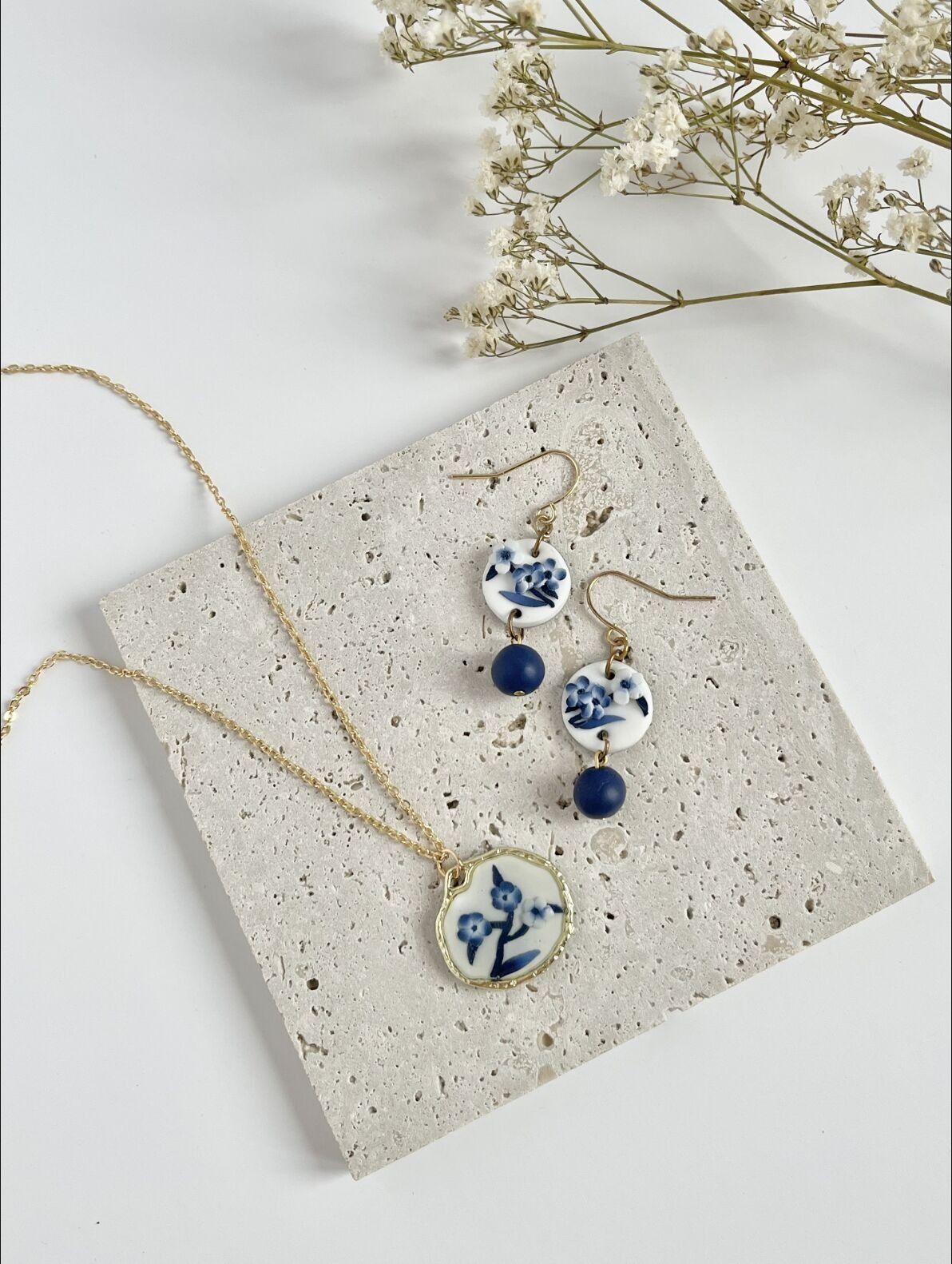 Blue China Polymer Clay Earrings &amp; Necklace Bundle - Semi-bold Bundle