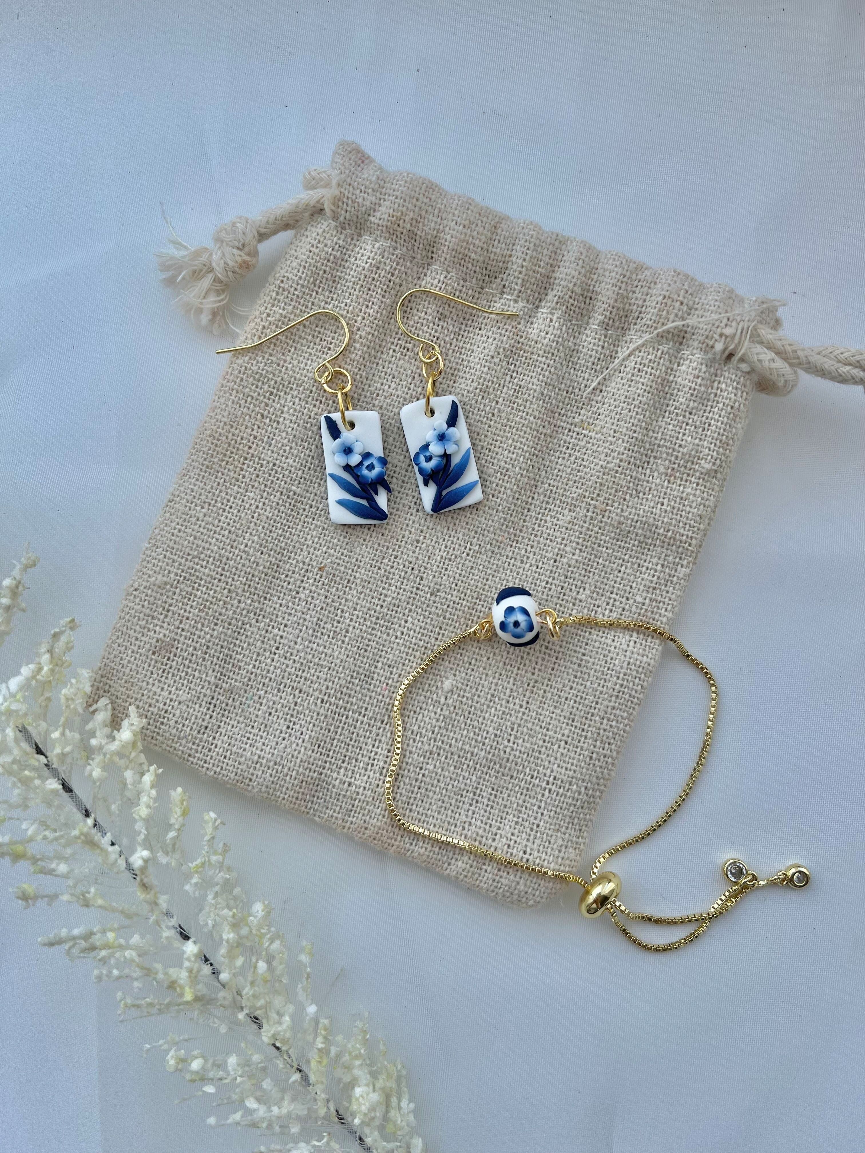 Set di orecchini e bracciale in pasta polimerica - Blue China n.8 pacchetti