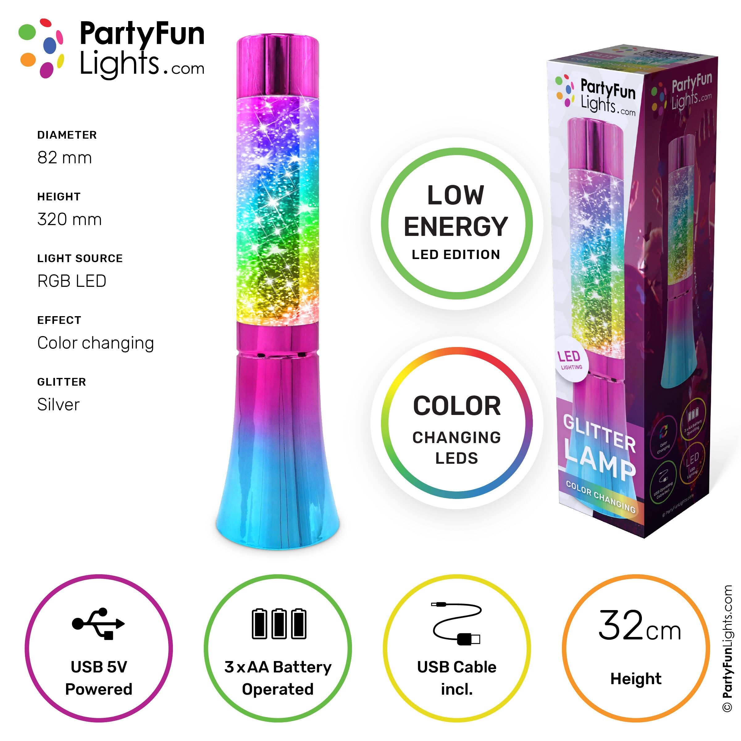 Lampada tornado glitterata - a batteria - aspetto arcobaleno