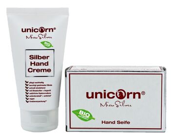 Combinaison de savon pour les mains unicorn® micro silver et crème pour les mains 1