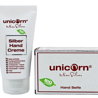 Combinazione di sapone per le mani e crema per le mani unicorn® micro argento