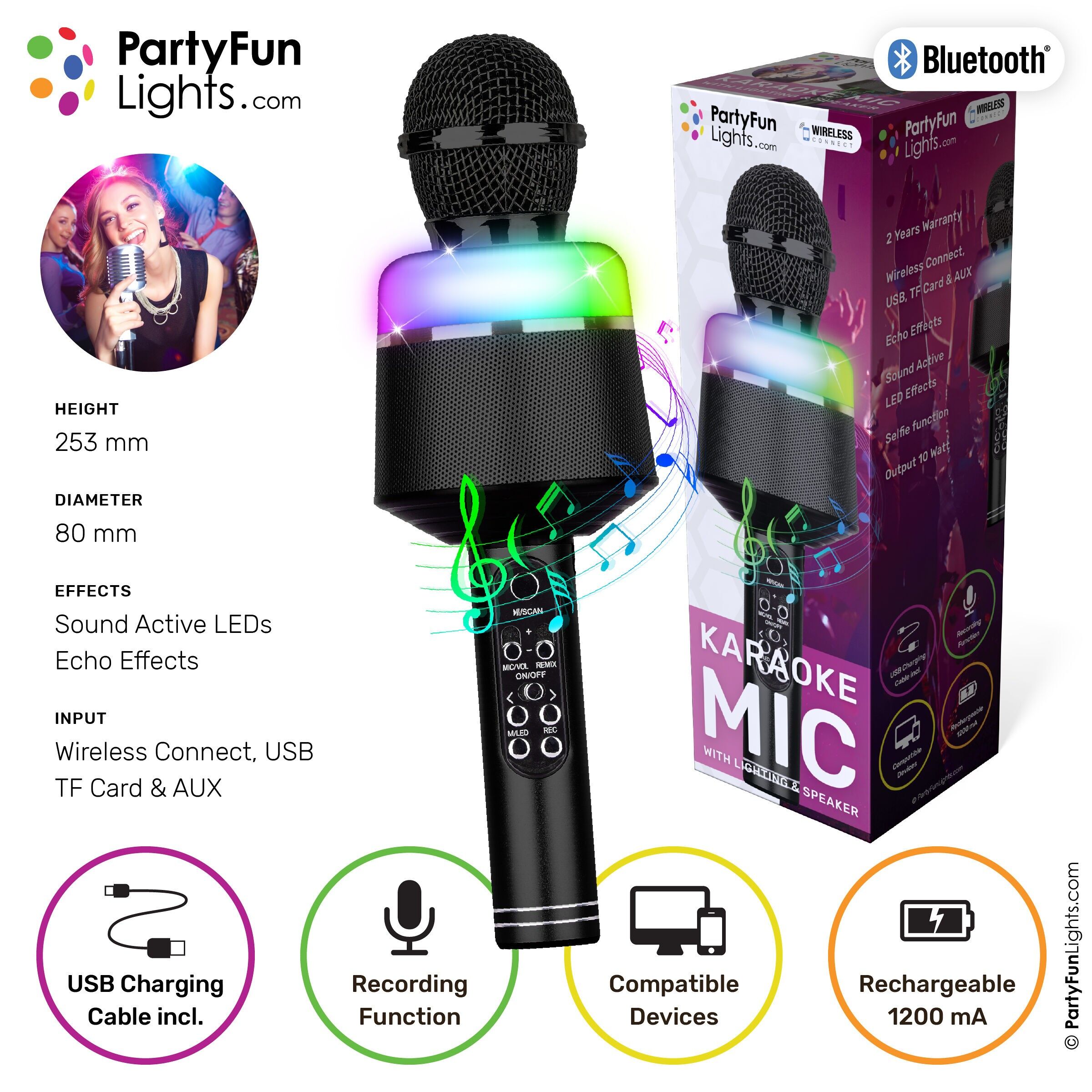 Bluetooth-Karaoke-Mikrofon – Schwarz – Karaoke-Set – Für Kinder und Erwachsene – Kabellos – Echo – Mit Lautsprecher – LED-Licht
