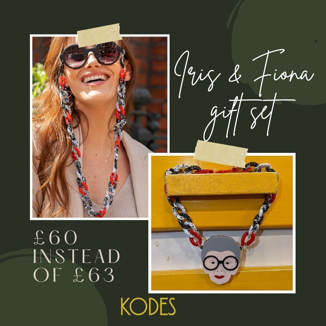 Iris Apfel Inspired Necklace &amp; Fiona Chunky black, white and Red Large Acrylic links Statement Chain and Necklace Gift Set