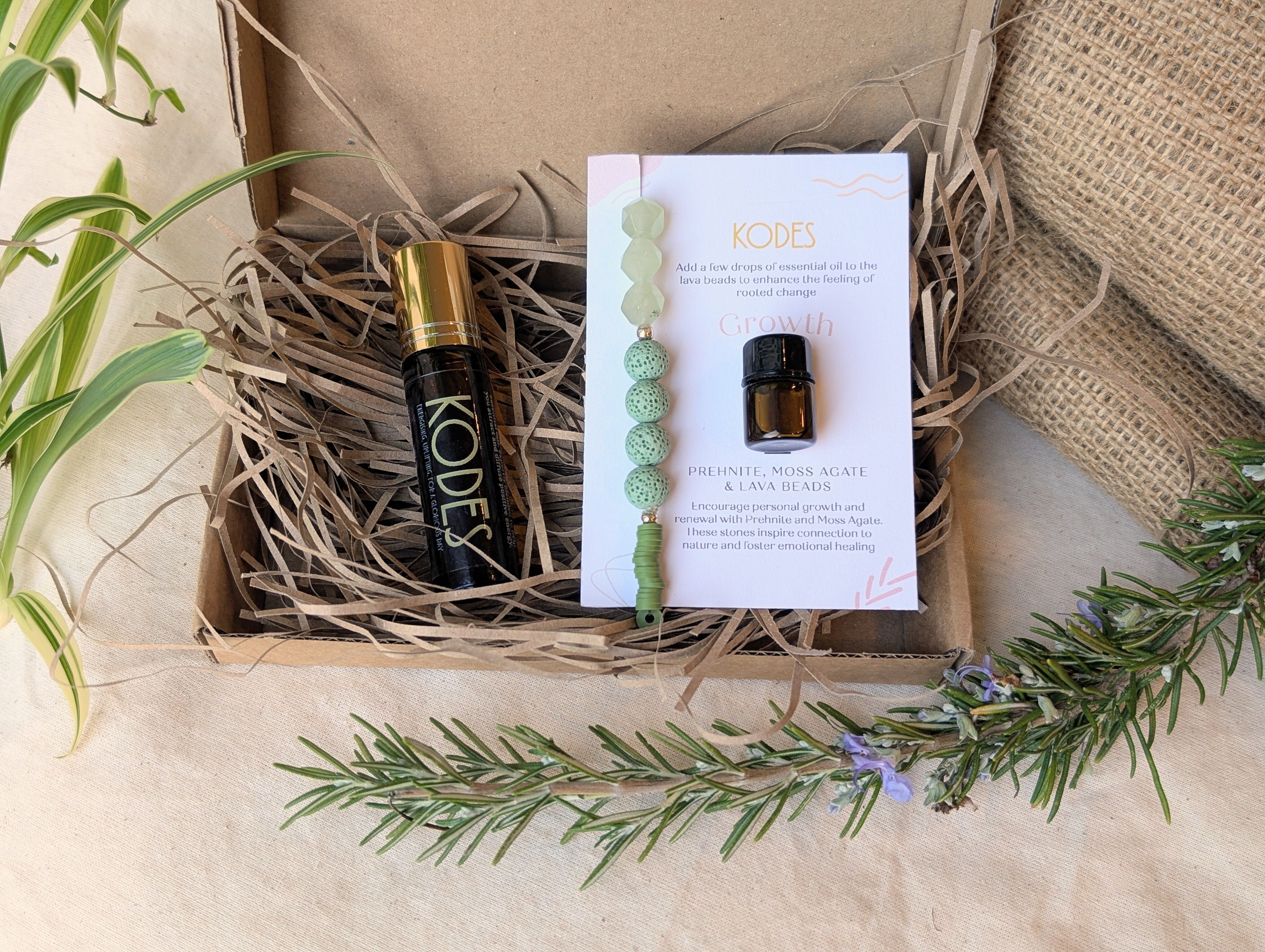 Prehnite, Moss Agate & Lava Beads Aromatherapy Diffuser Bracelet & Essential Oil Roller Gift Set