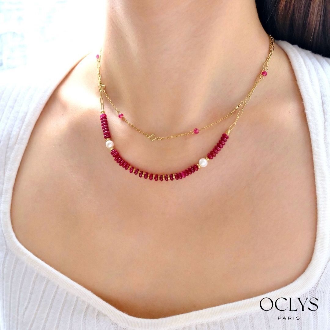 Nissa double-strand necklace with natural stones in gold-plated stainless steel