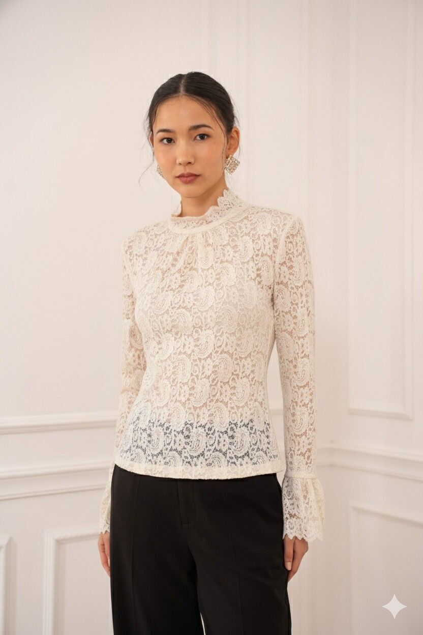 Carol Bluse mit hohem Kragen und Spitze - 81070