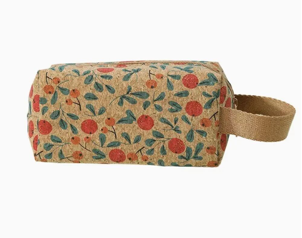 Borsa per il trucco/beauty case in sughero con stampa floreale vintage realizzata in sughero.