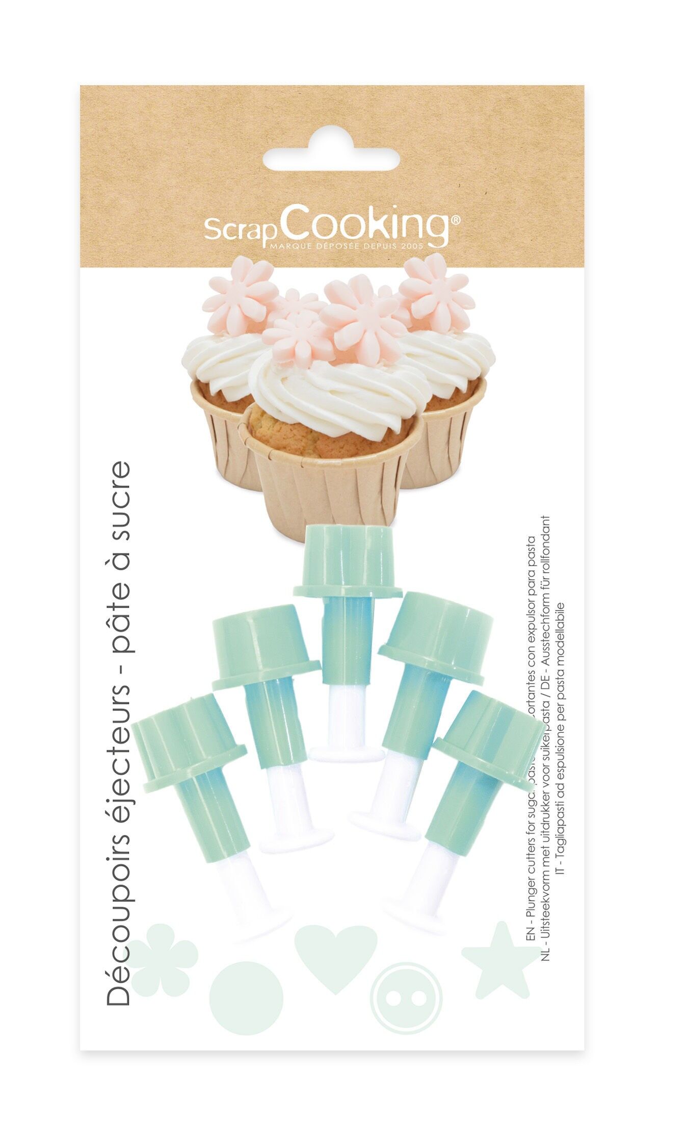 5 kleine Ausstechformen für Zuckerpaste: „Herz, Punkt, Blume, Stern, Knopf“