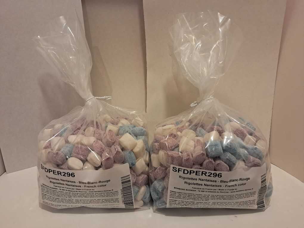 Rigolettes Tricolor a Granel (Azul: Menta Helada, Blanco: Limón y Rojo: Fresa) 5 kg