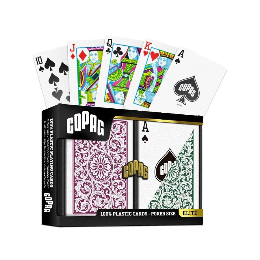 Mazzo di carte da gioco Copag Elite Poker Regular Index Double Plastic (verde e bordeaux)